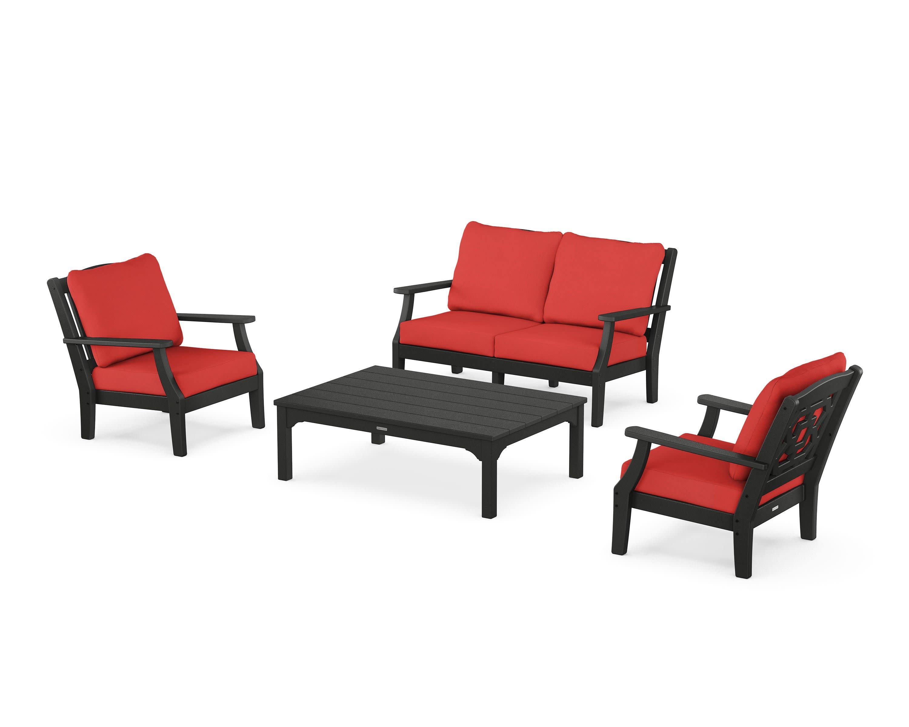 Chinoiserie 4-Piece Deep Seating Set with Loveseat in Black / Crimson Linen
