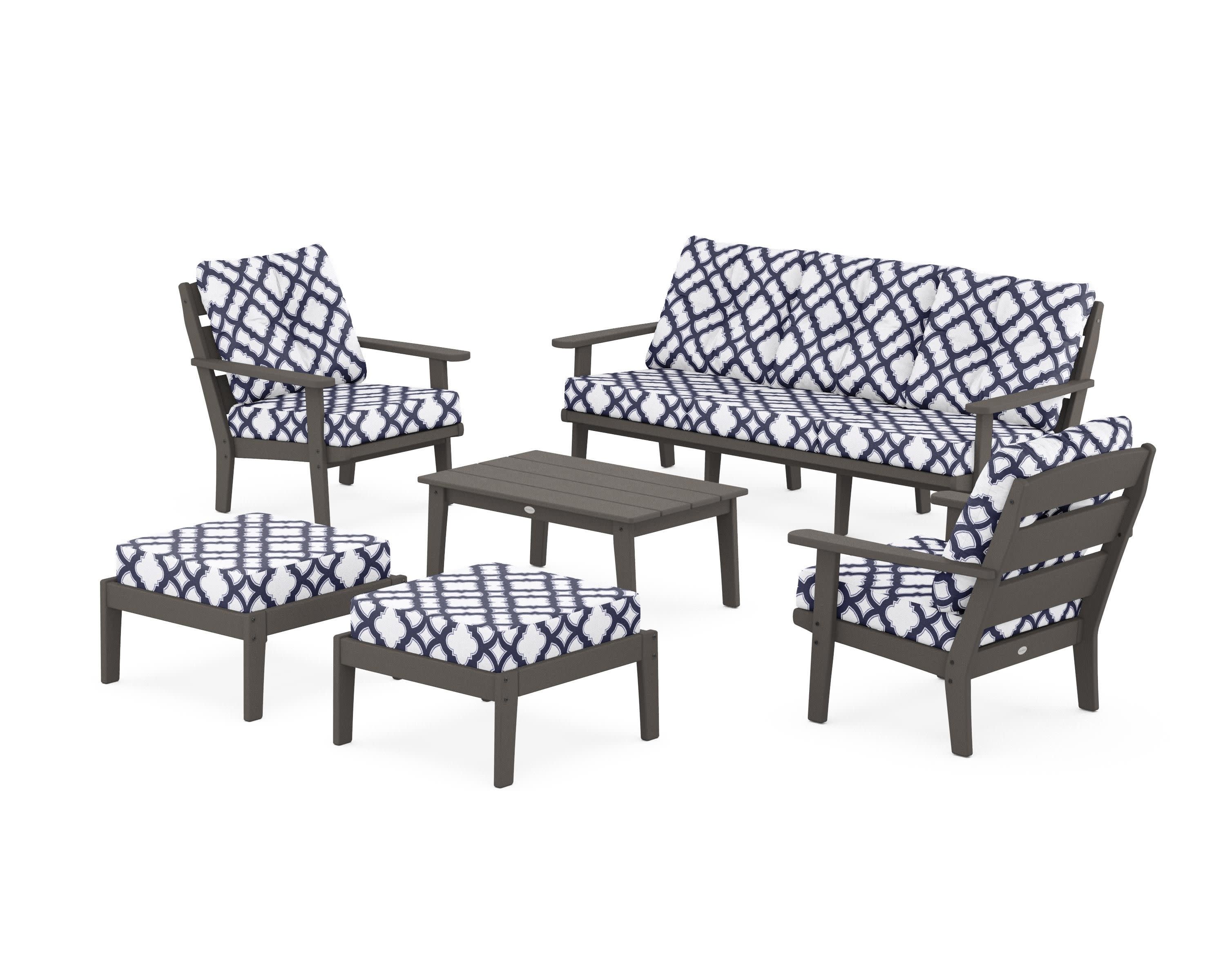 Lakeside 6-Piece Lounge Sofa Set in Vintage Coffee / Trellis Navy