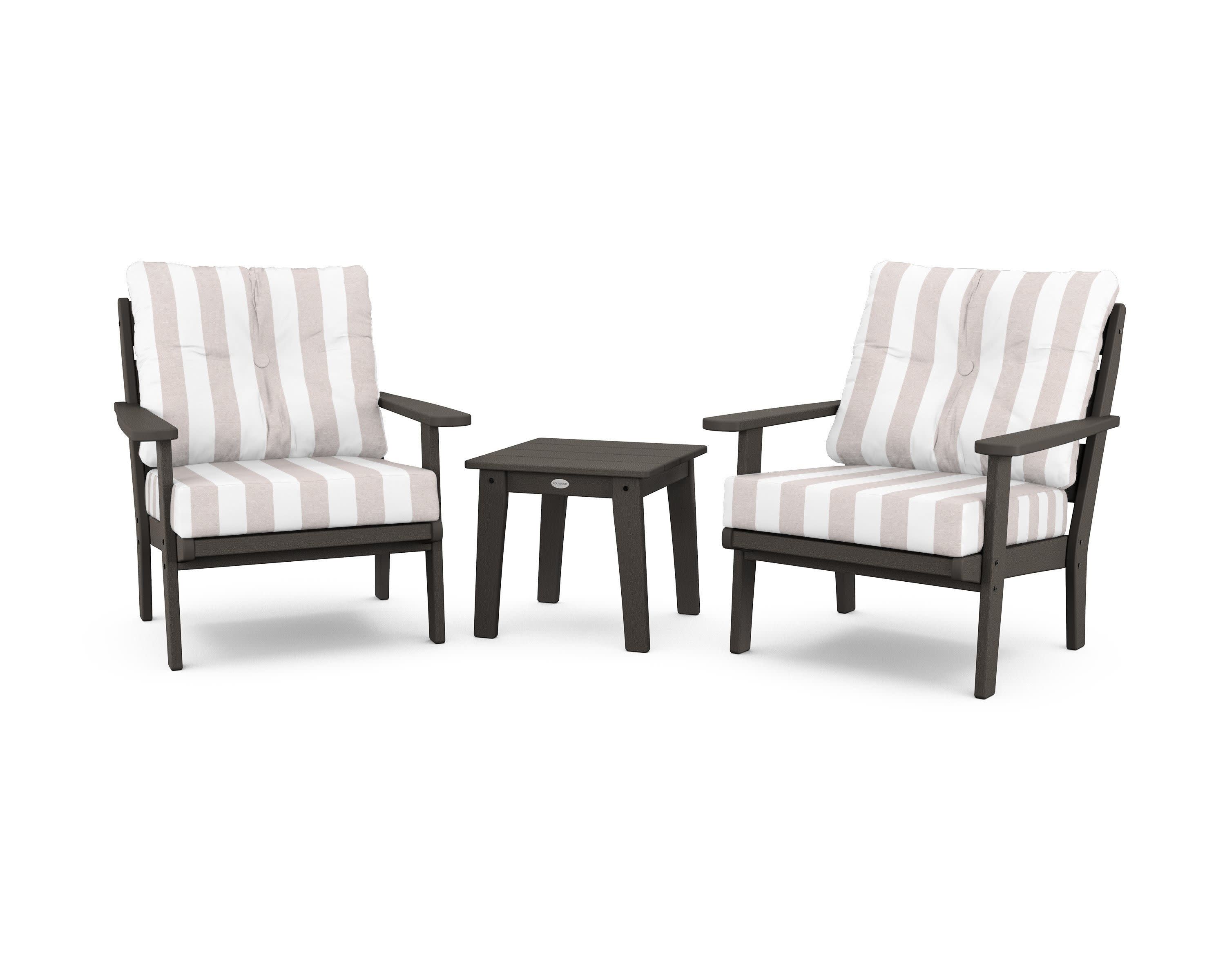 Lakeside 3-Piece Deep Seating Chair Set in Vintage Coffee / Cabana Stripe Dune Burlap