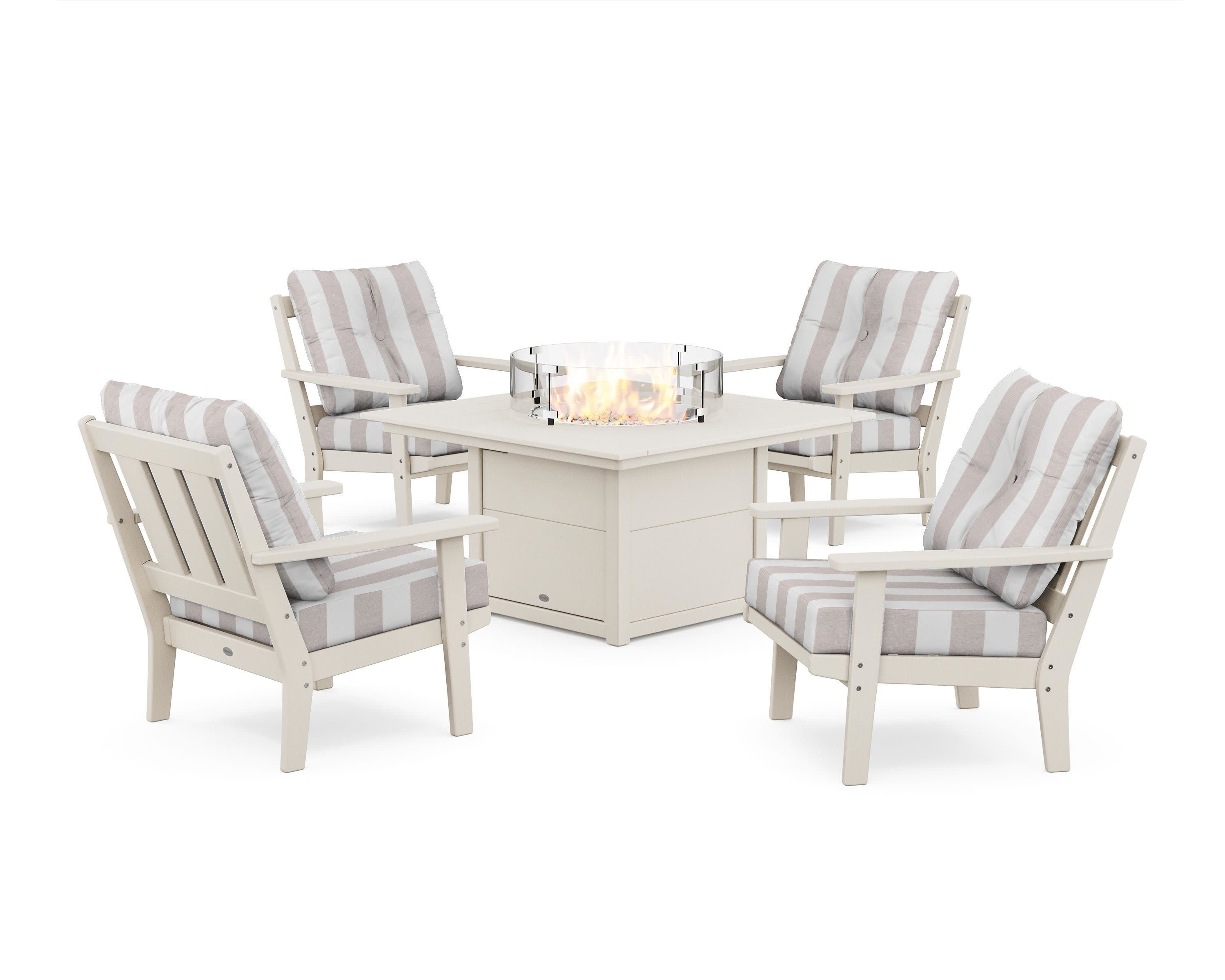Oxford 5-Piece Deep Seating Set with Fire Pit Table in Sand / Cabana Stripe Dune Burlap