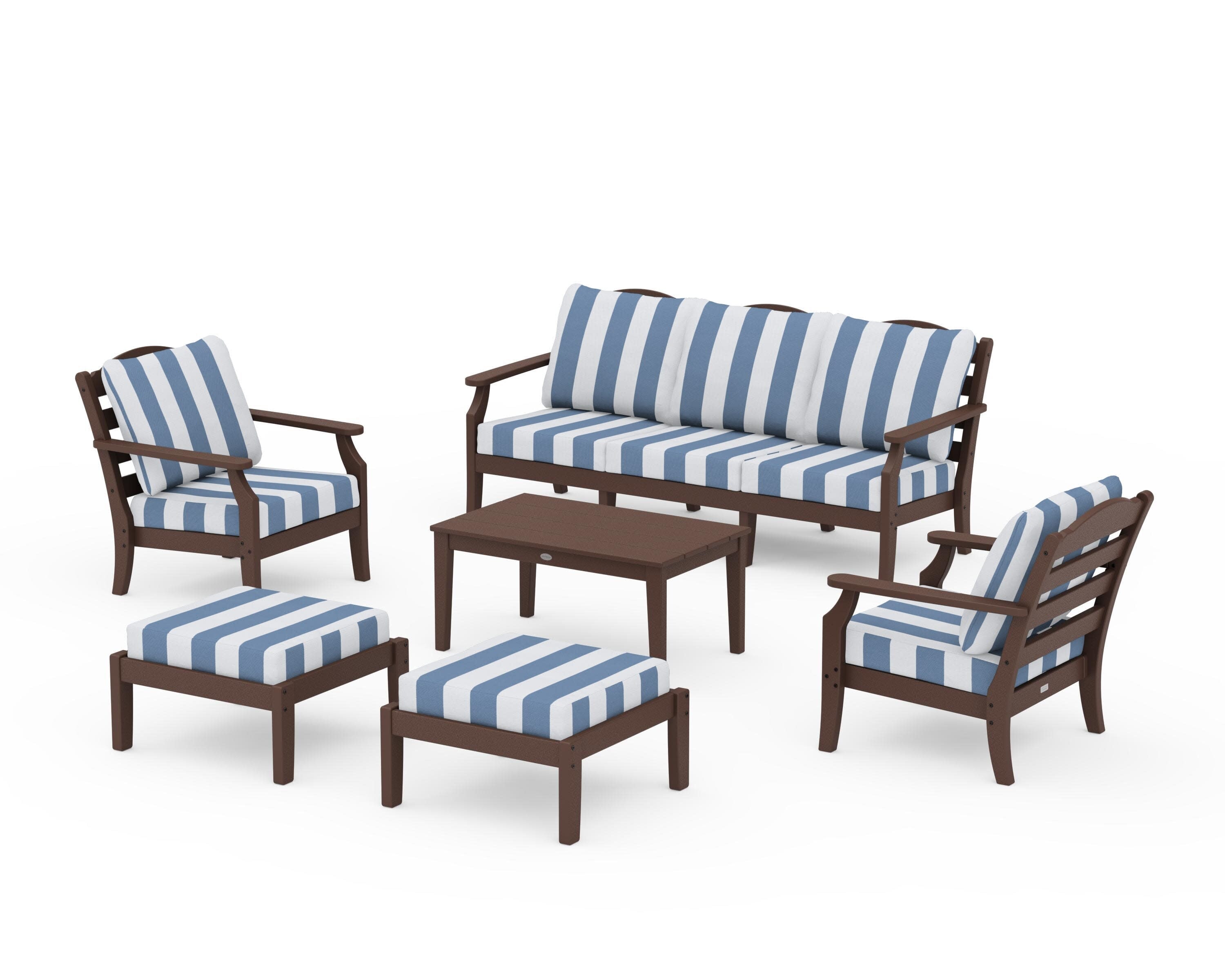 Savannah 6-Piece Lounge Sofa Set in Mahogany / Cabana Stripe Sky Blue