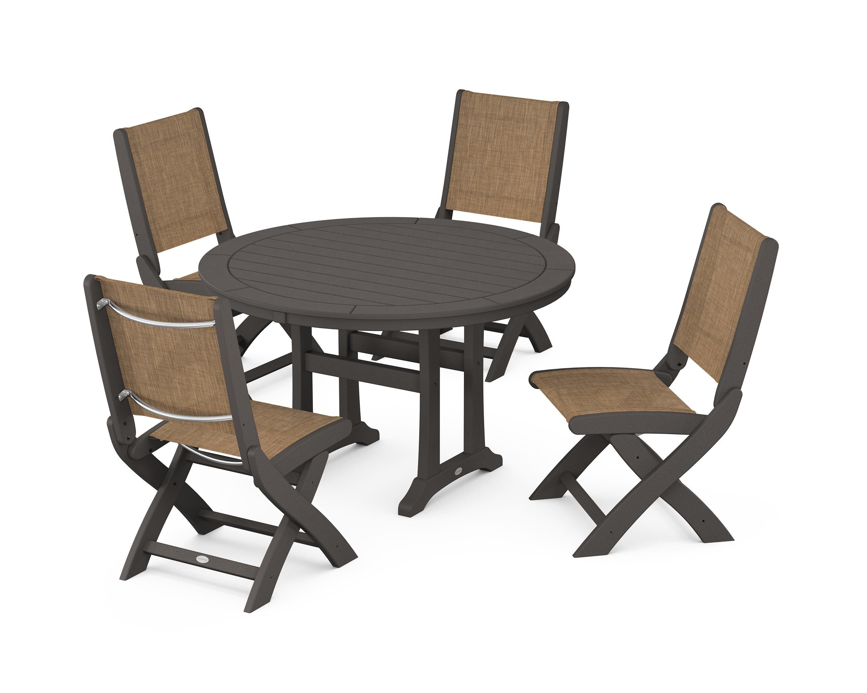 Coastal Folding Side Chair 5-Piece Round Dining Set With Trestle Legs in Vintage Coffee / Burlap Sling