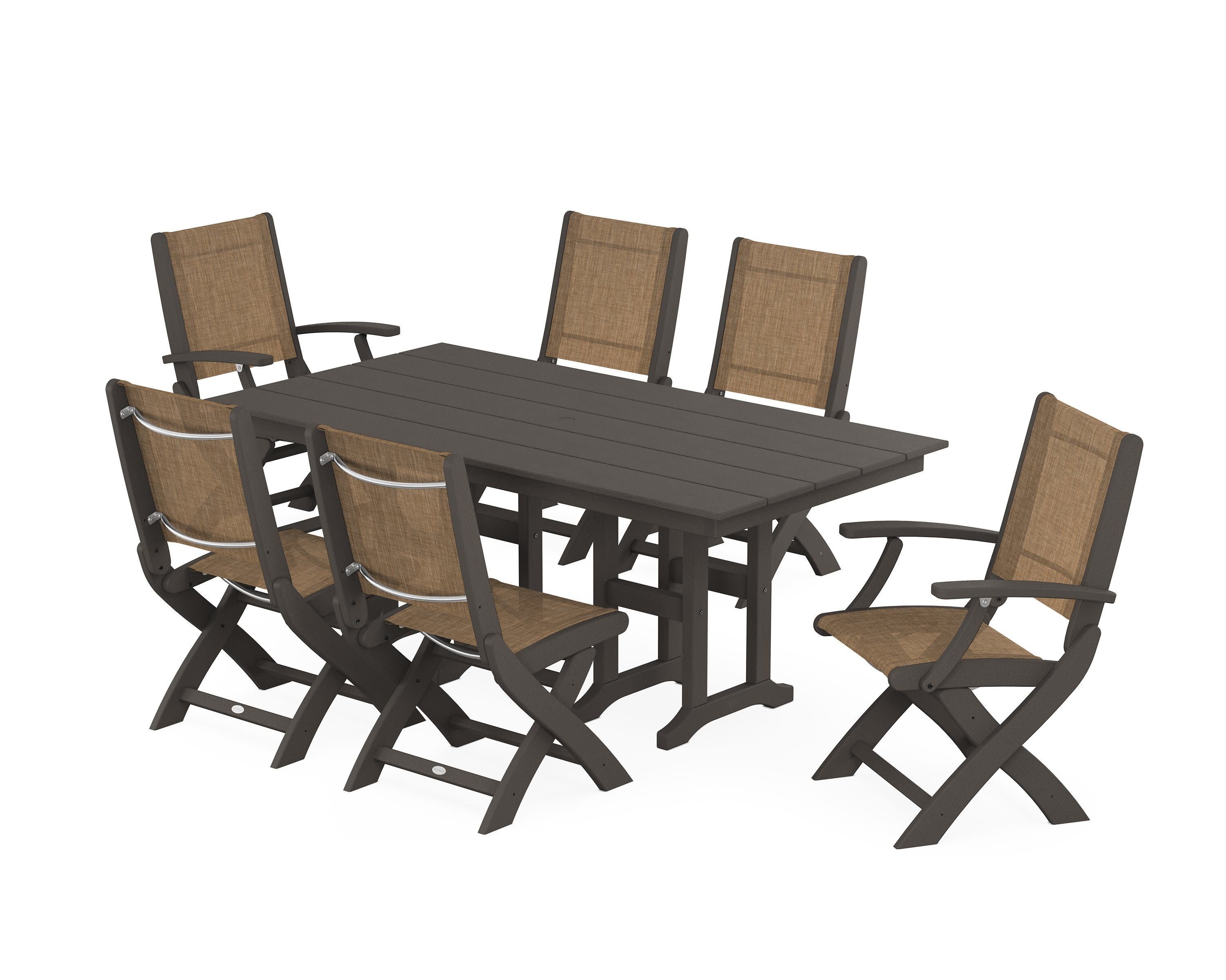 Coastal Folding Chair 7-Piece Farmhouse Dining Set in Vintage Coffee / Burlap Sling