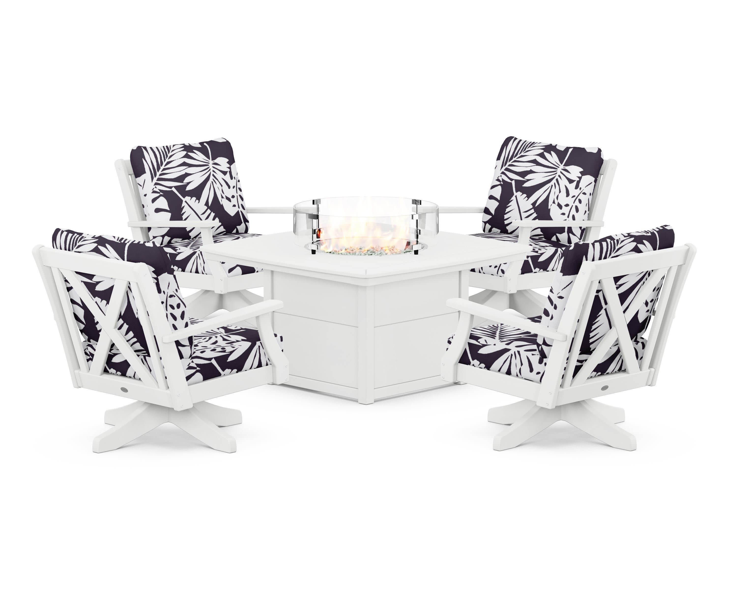 Braxton 5-Piece Deep Seating Swivel Conversation Set with Fire Pit Table in White / Leaf Navy