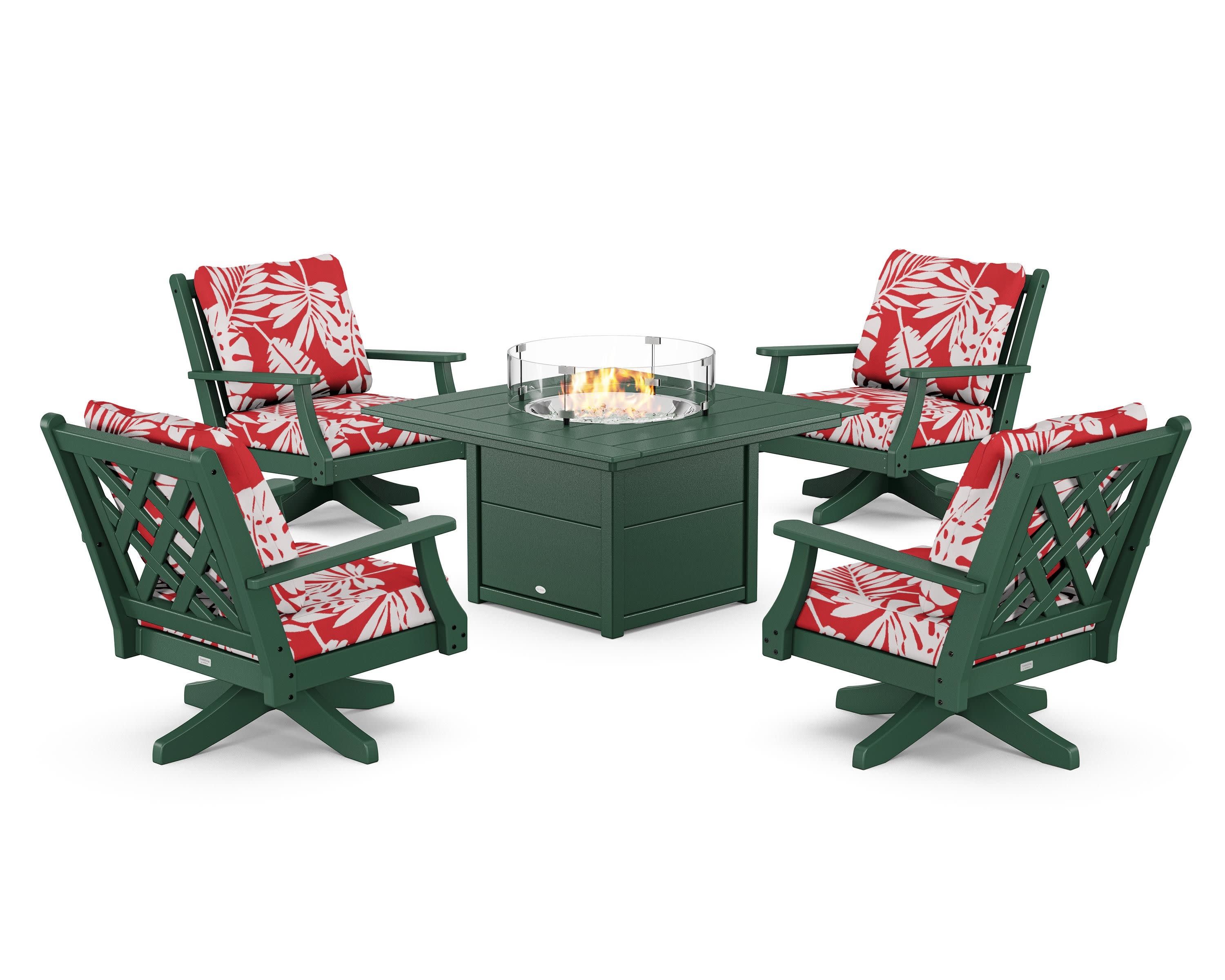 Wovendale 5-Piece Deep Seating Swivel Conversation Set with Fire Pit Table in Green / Leaf Crimson