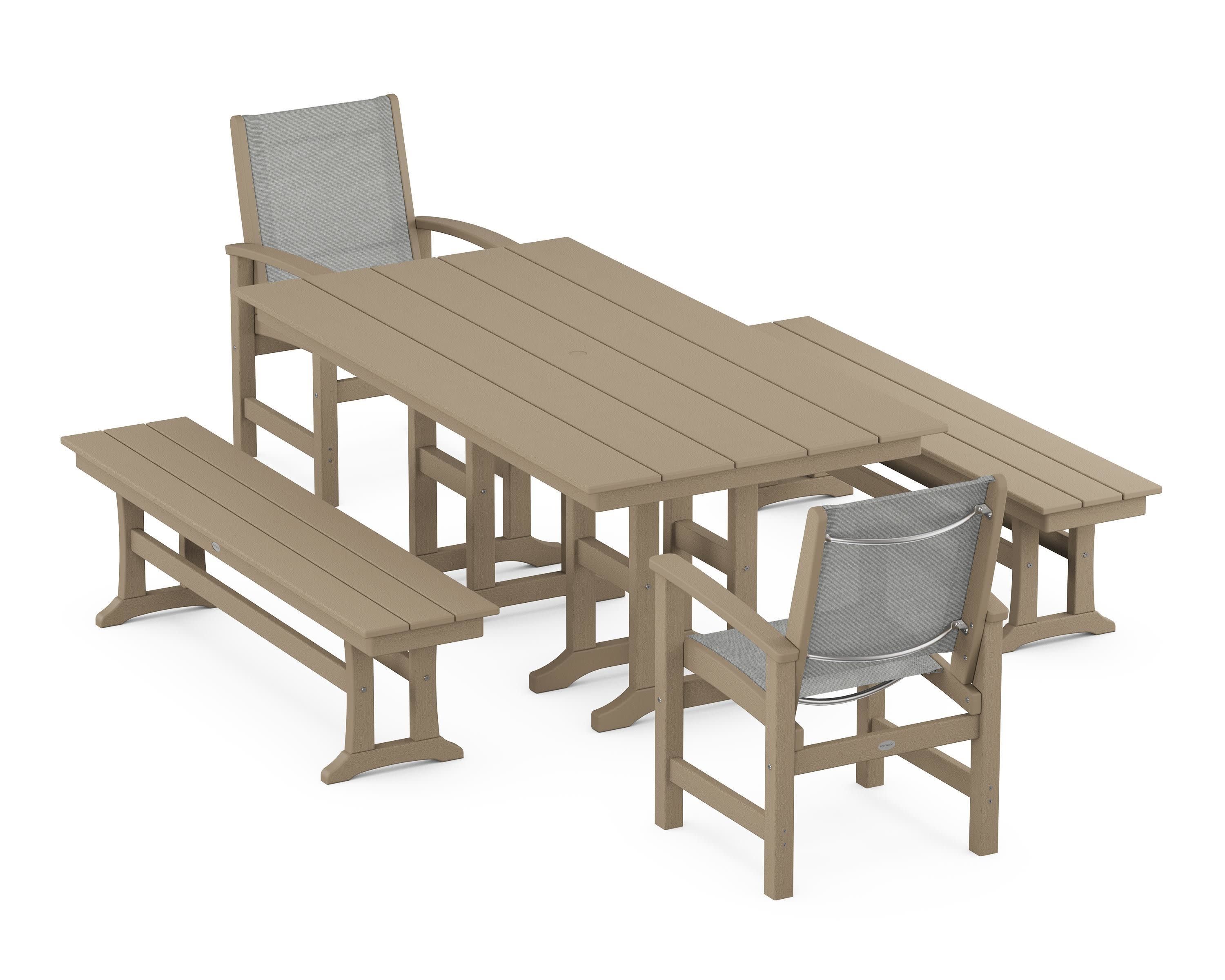 Coastal 5-Piece Farmhouse Dining Set in Vintage Sahara / Metallic Sling