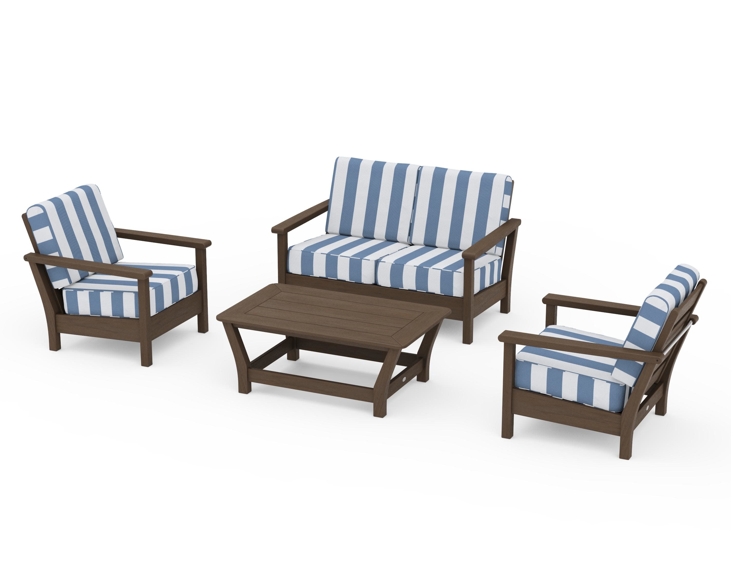 Harbour 4-Piece Deep Seating Set in Kona / Cabana Stripe Sky Blue