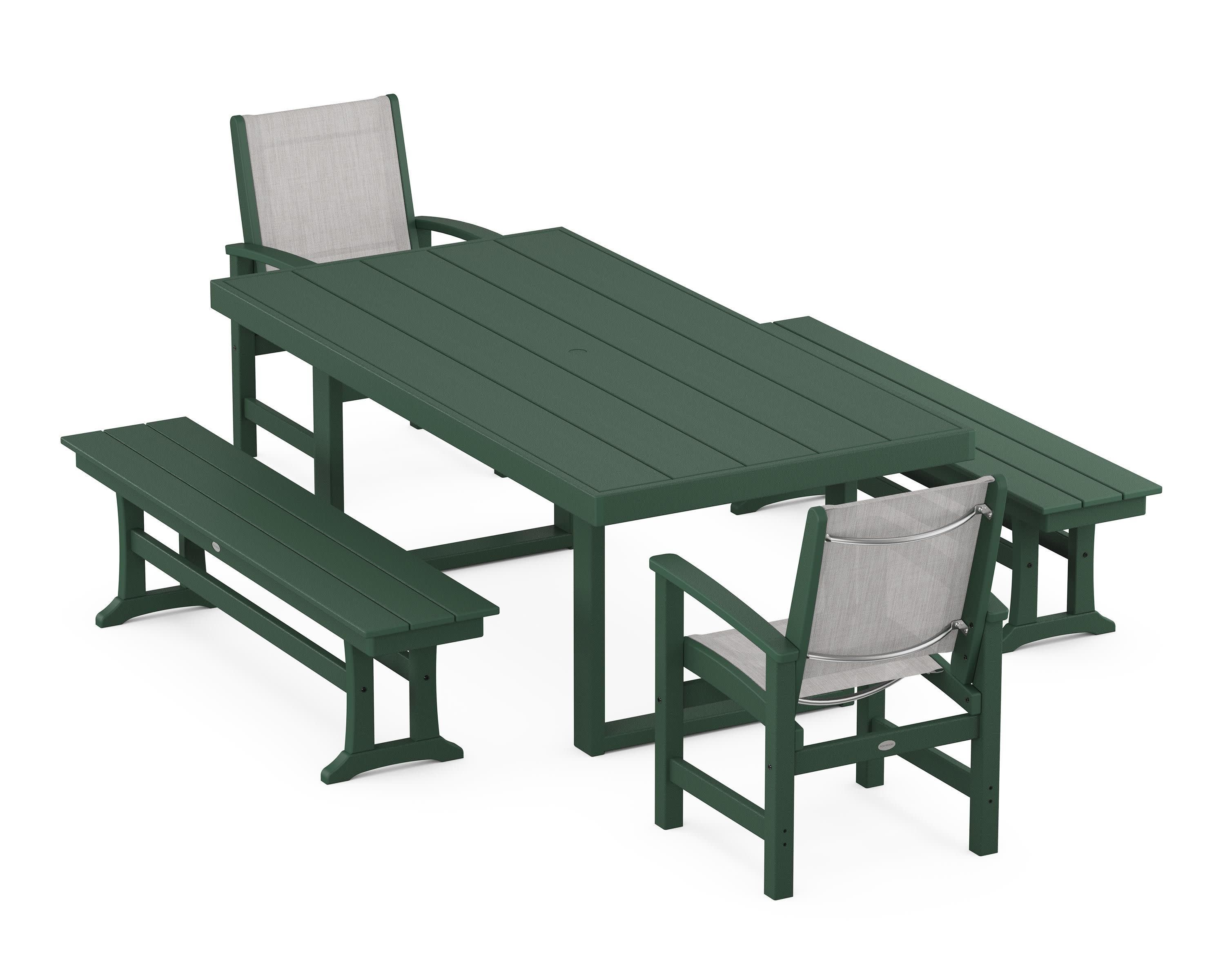 Coastal 5-Piece Dining Set with Trestle Legs in Green / Parchment Sling