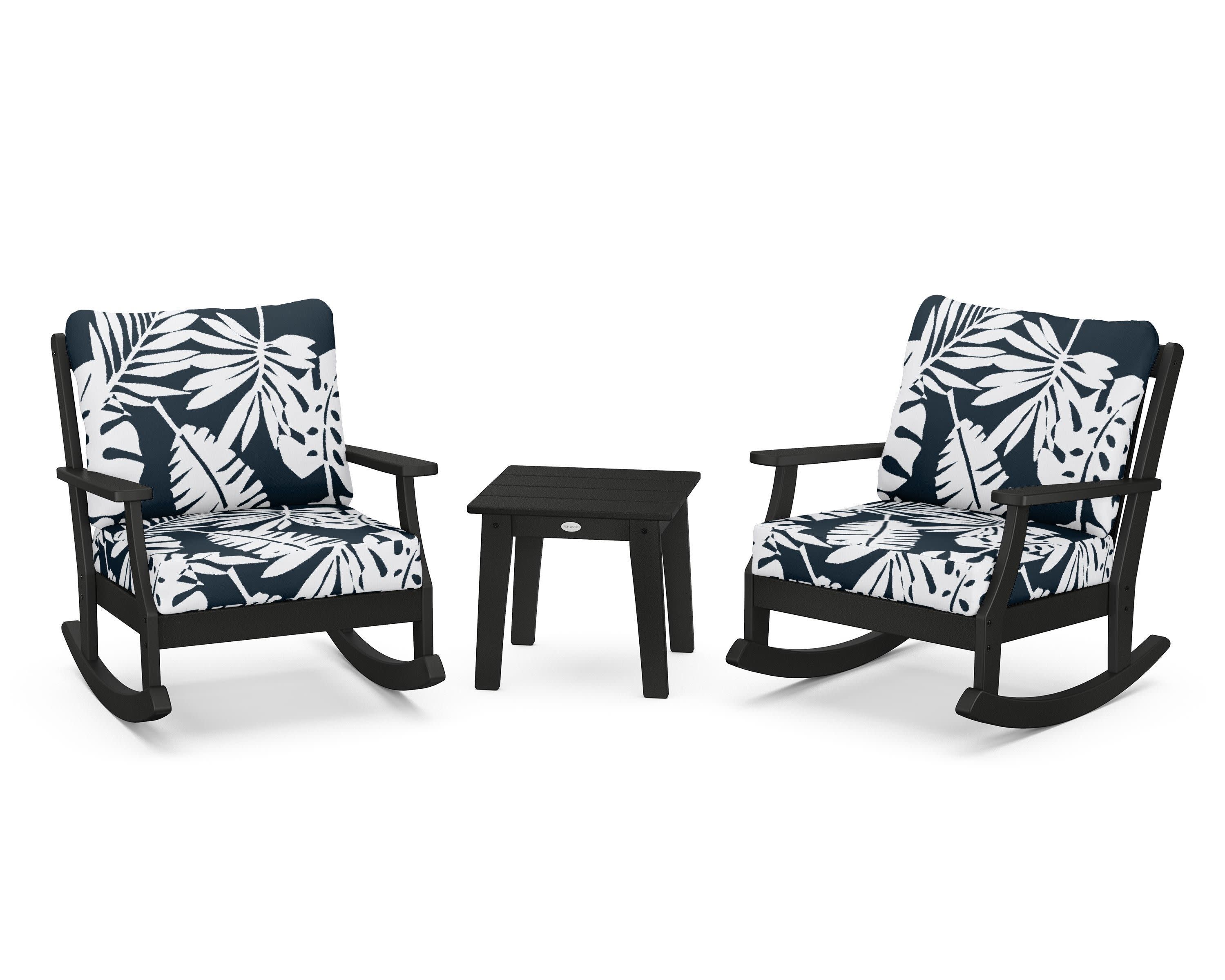 Braxton 3-Piece Deep Seating Rocker Set in Black / Leaf Marine Indigo