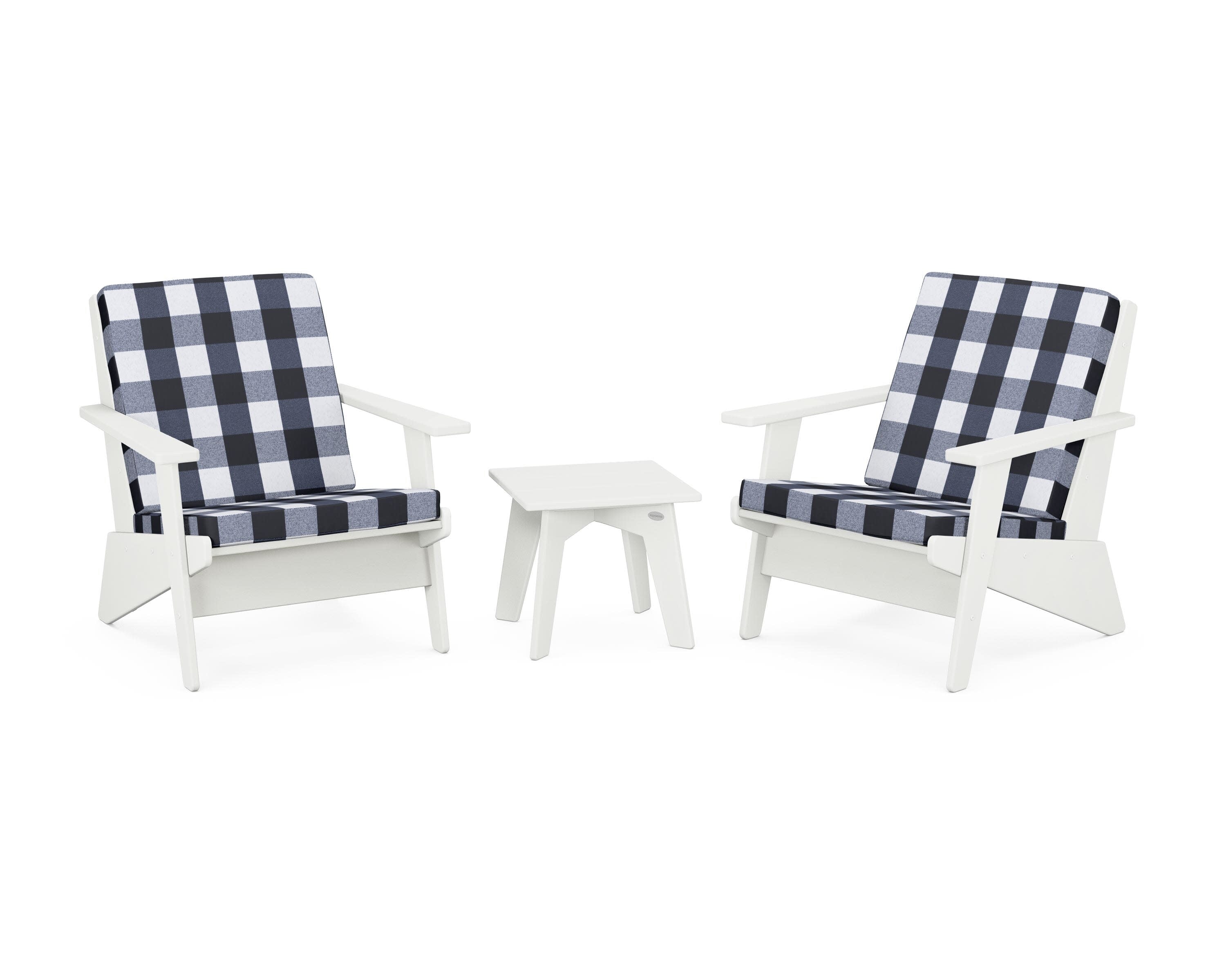 Riviera Modern Lounge 3-Piece Set in Vintage White / Buffalo Plaid Marine Indigo