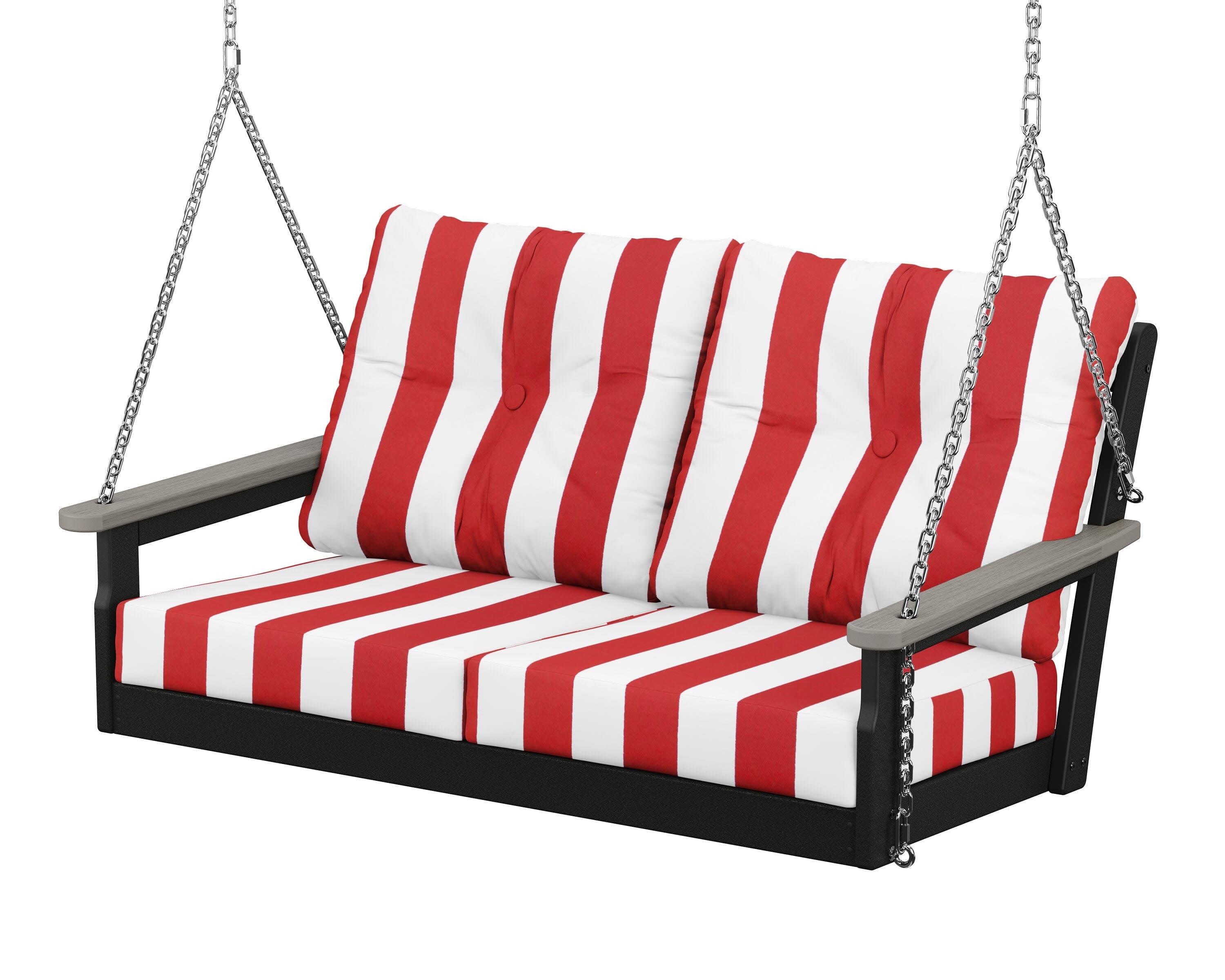 Vineyard Deep Seating Swing in Black / Driftwood / Cabana Stripe Crimson