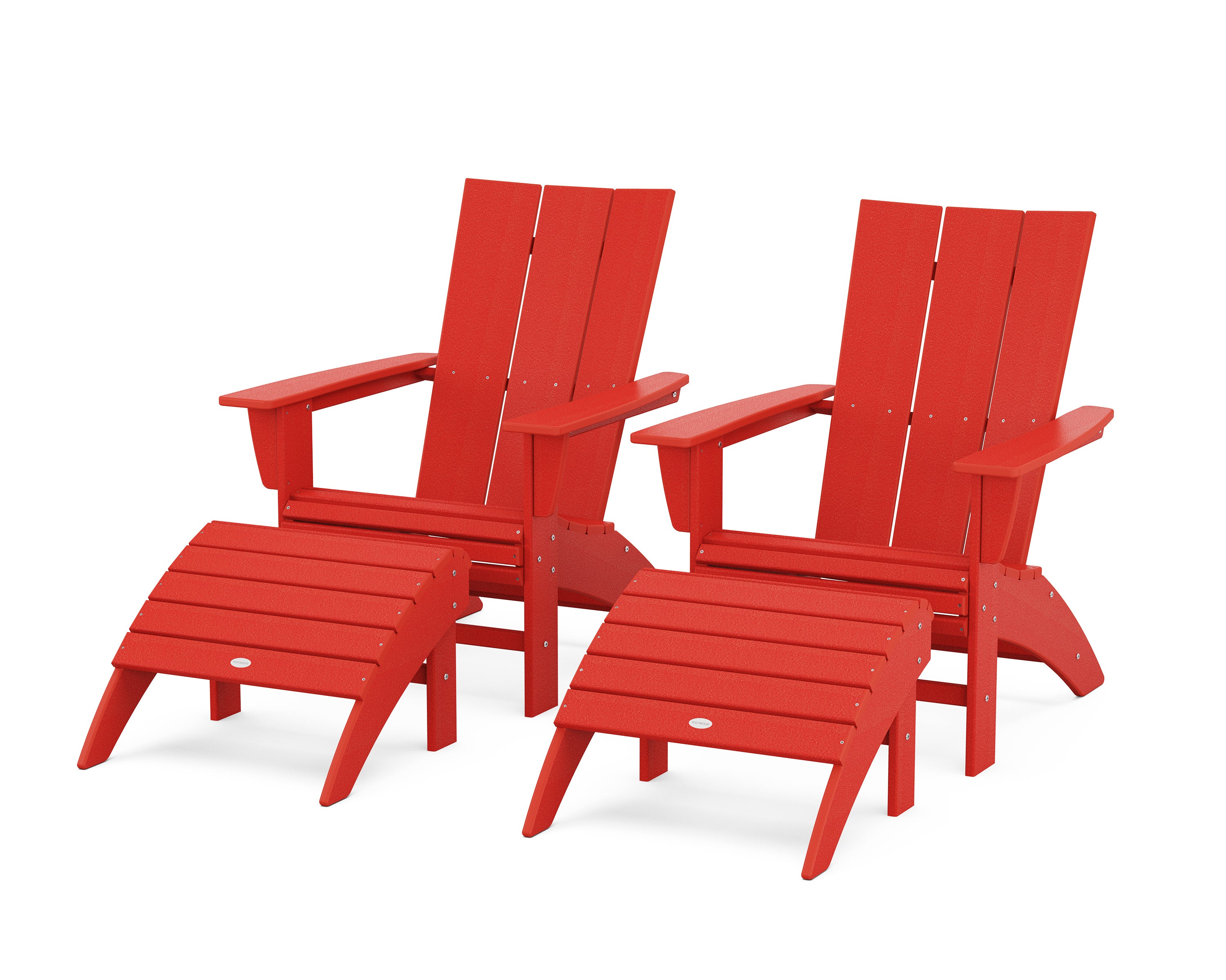 Modern Curveback Adirondack Chair 4-Piece Set with Ottomans in Sunset Red