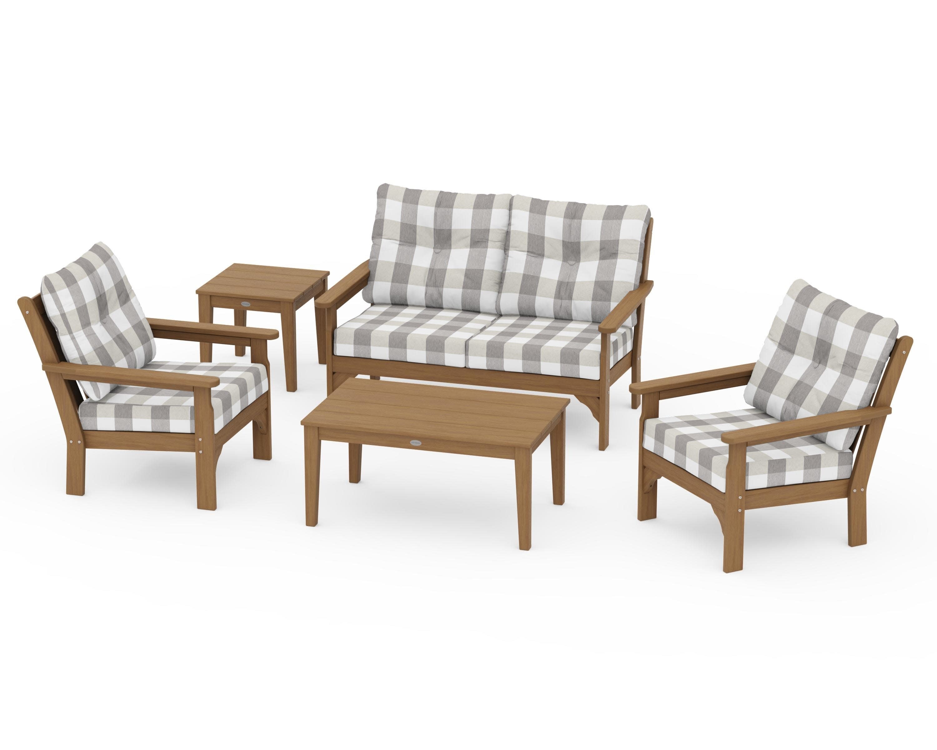 Vineyard 5-Piece Deep Seating Set in Natural / Buffalo Plaid Grey Mist