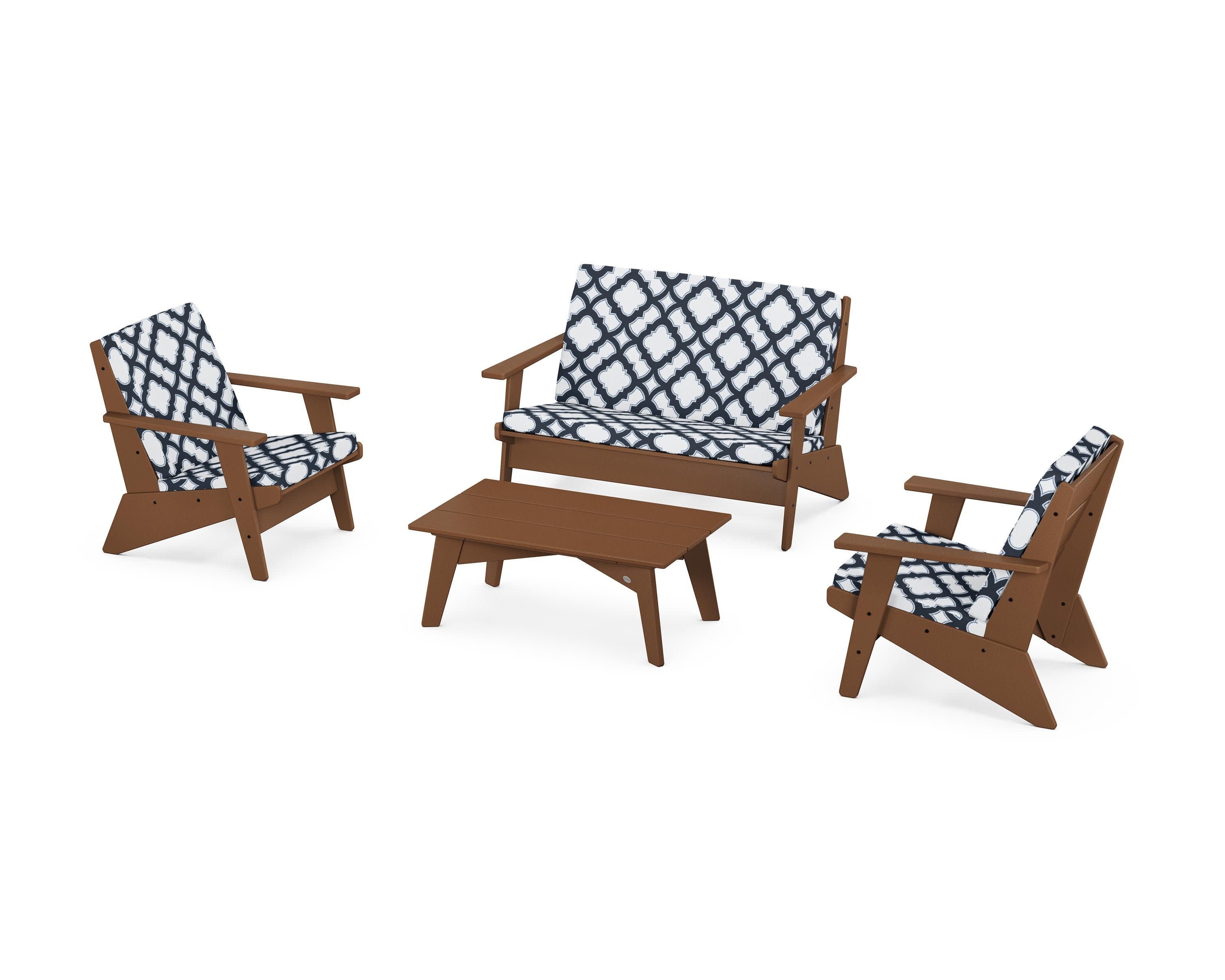 Riviera Modern Lounge 4-Piece Set in Teak / Trellis Marine Indigo