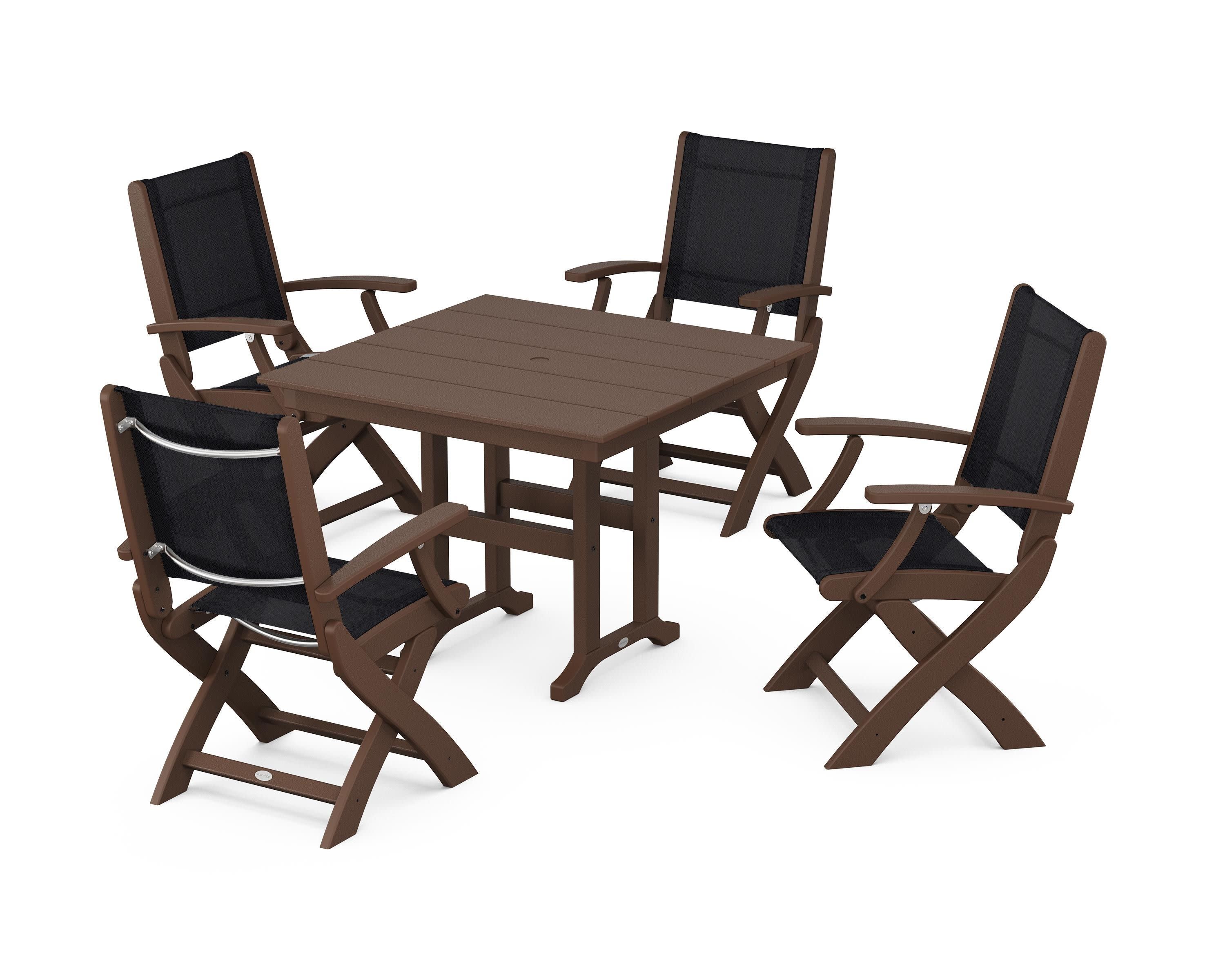 Coastal Folding Chair 5-Piece Farmhouse Dining Set in Mahogany / Black Sling