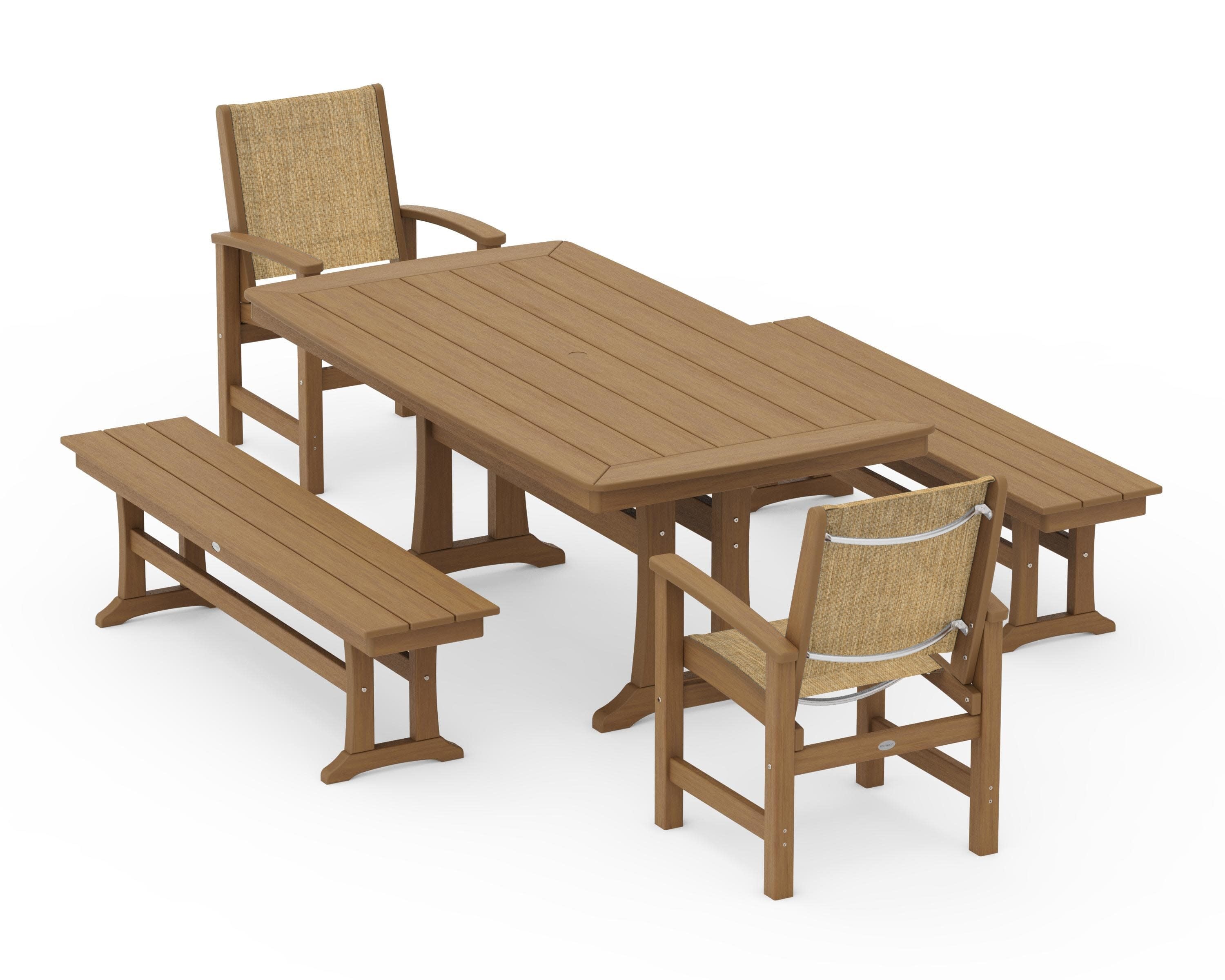 Coastal 5-Piece Dining Set with Trestle Legs and Benches in Natural / Burlap Sling