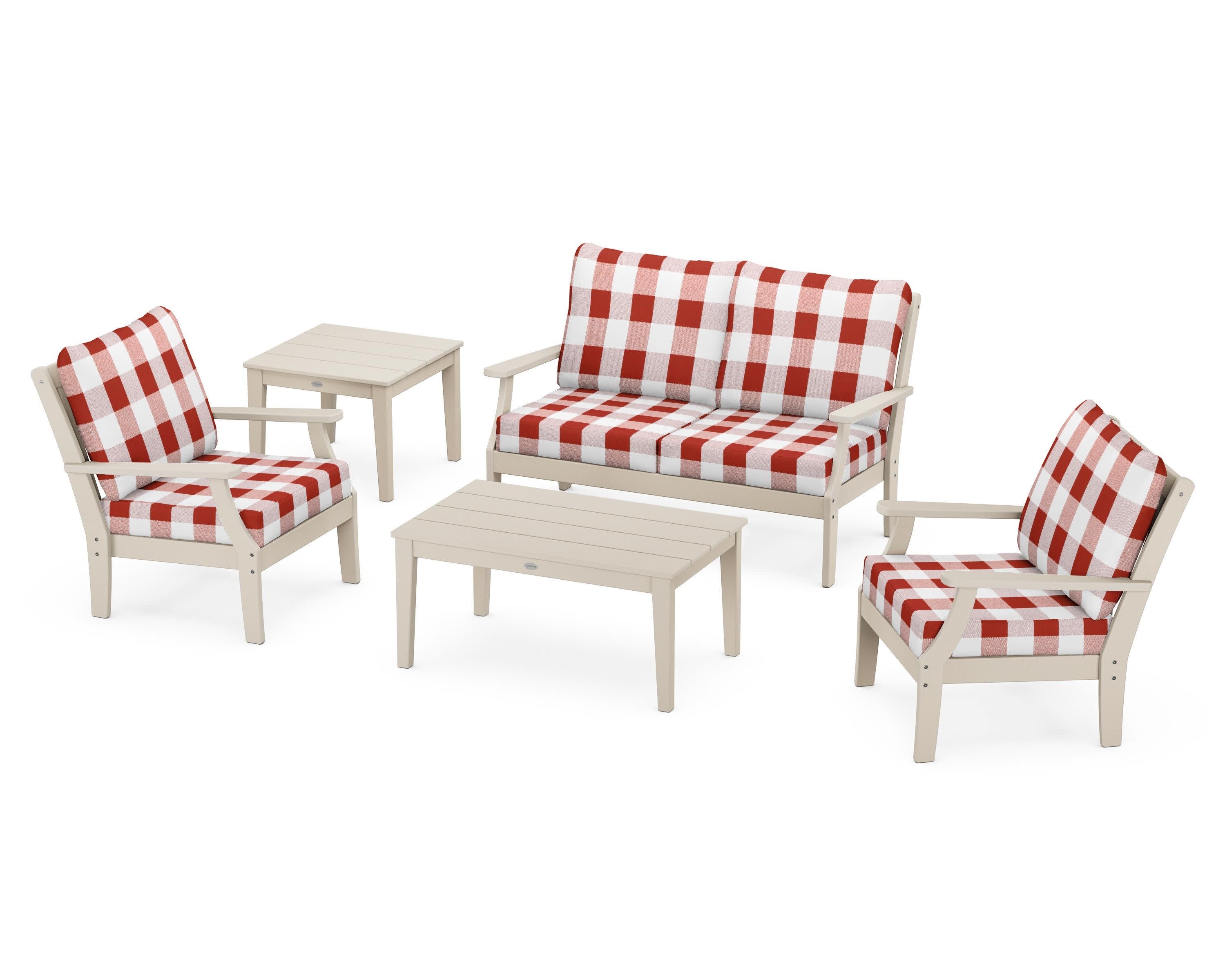Braxton 5-Piece Deep Seating Set in Sand / Buffalo Plaid Crimson