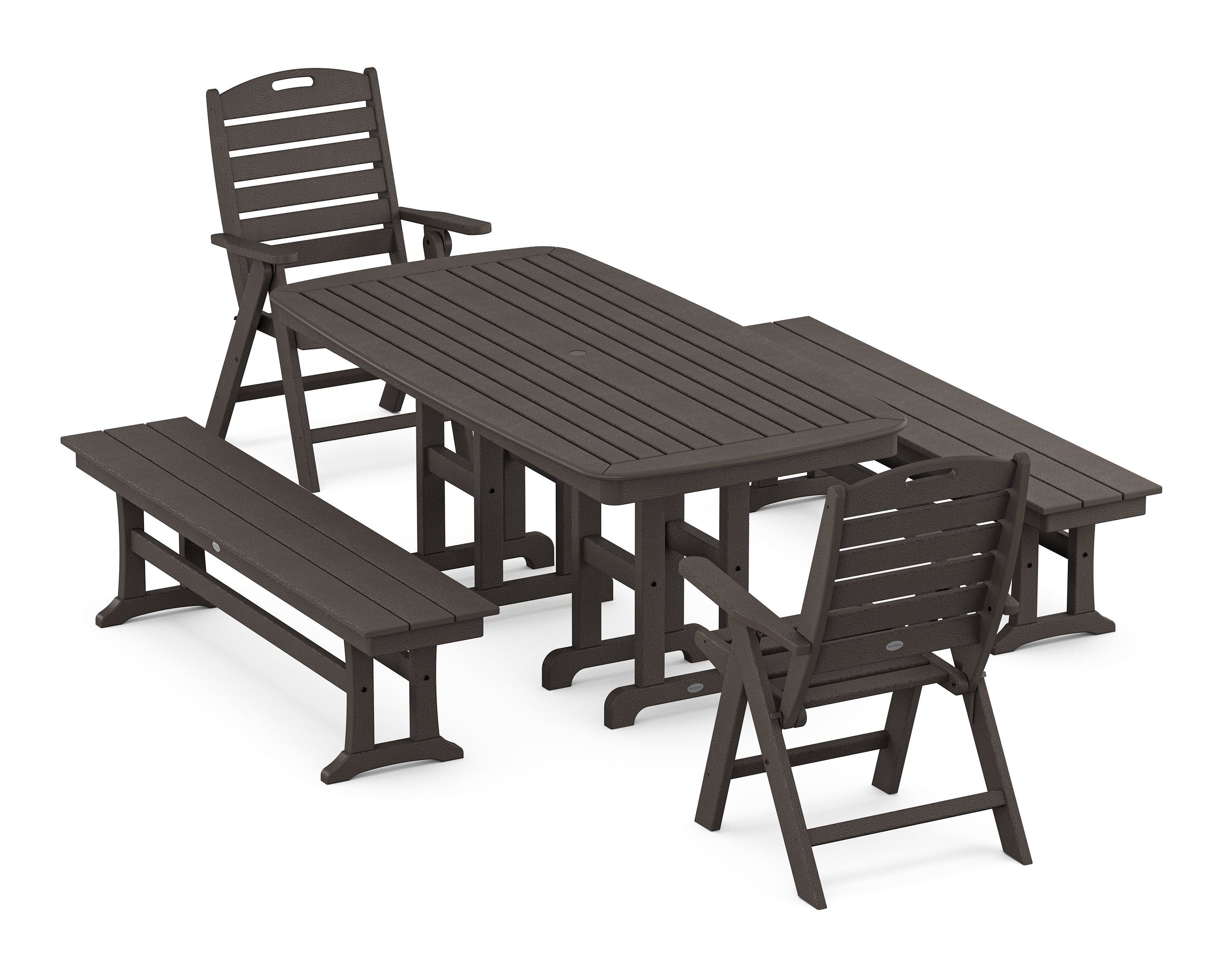 Nautical Highback 5-Piece Dining Set with Benches in Vintage Coffee