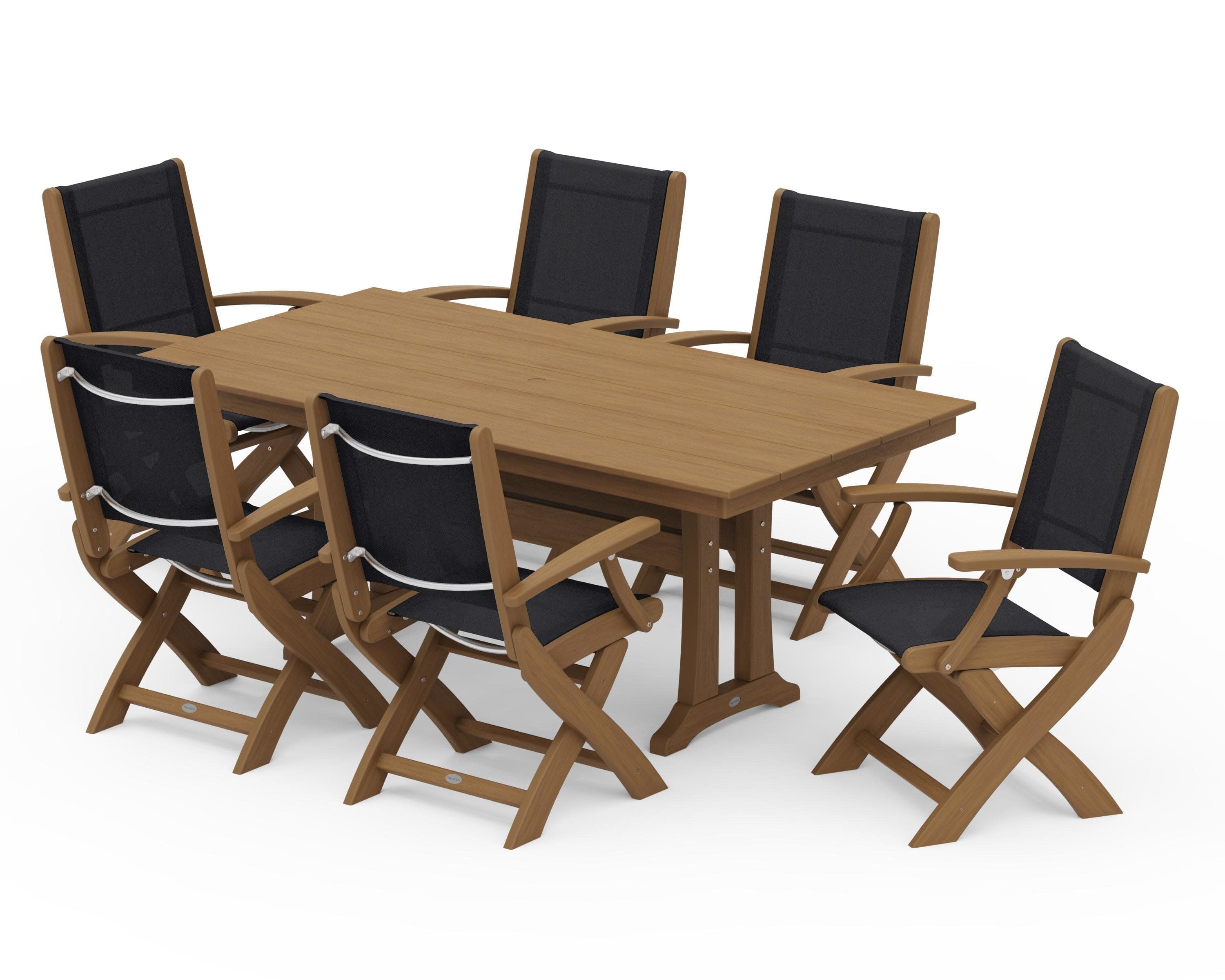 Coastal Folding Arm Chair 7-Piece Farmhouse Dining Set with Trestle Legs in Natural / Black Sling