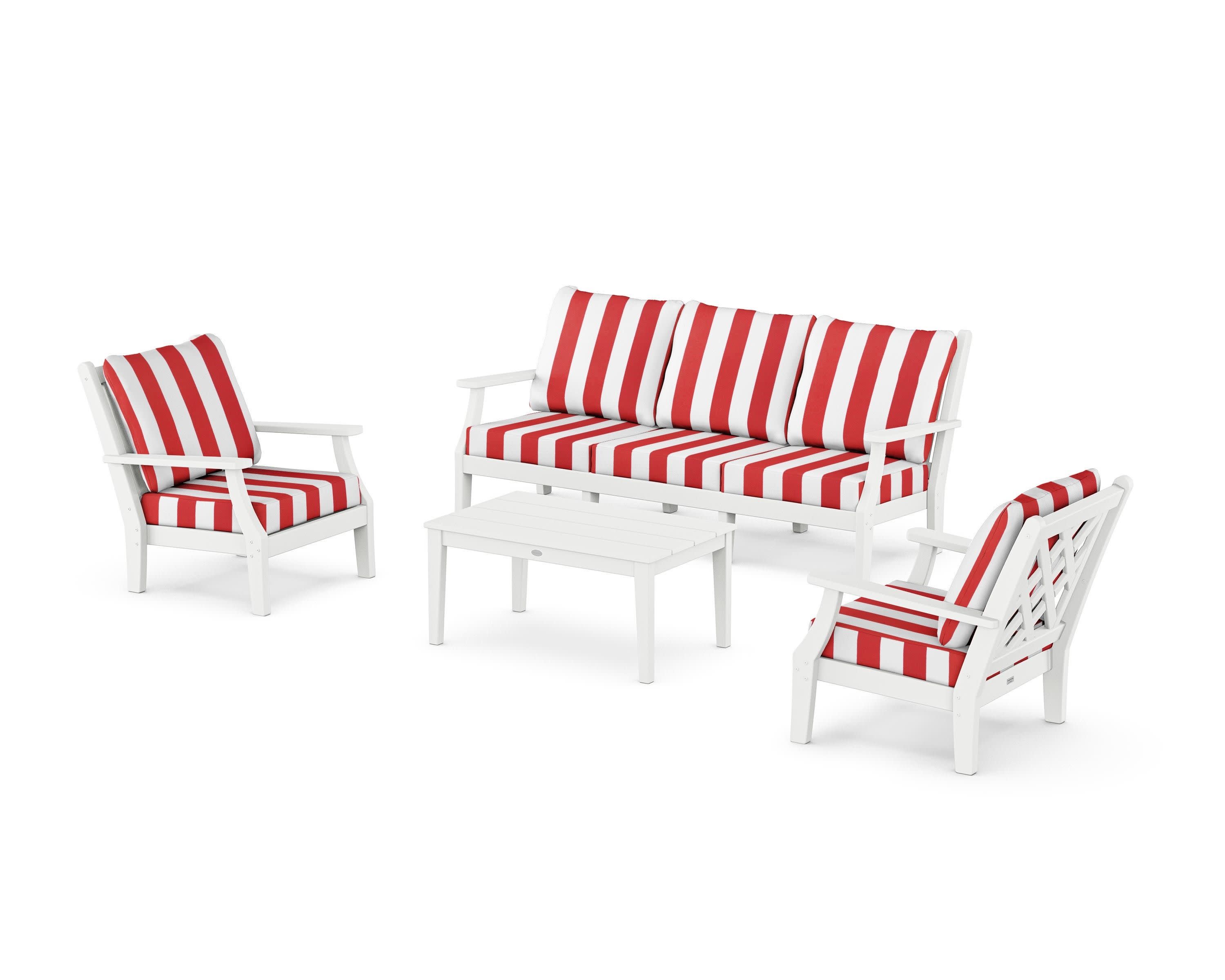 Wovendale 4-Piece Deep Seating Set with Sofa in White / Cabana Stripe Crimson