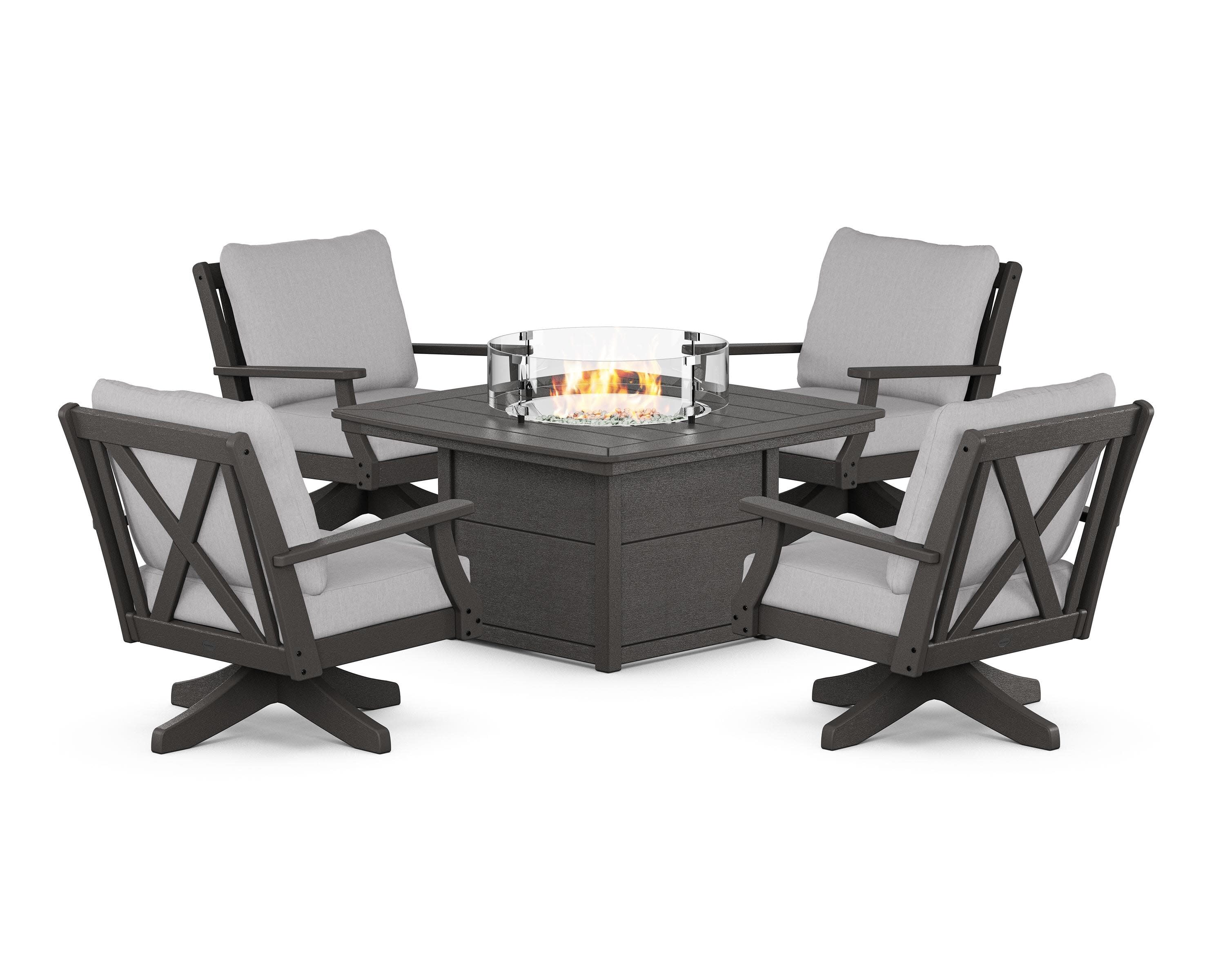 Braxton 5-Piece Deep Seating Swivel Conversation Set with Fire Pit Table in Vintage Coffee / Granite