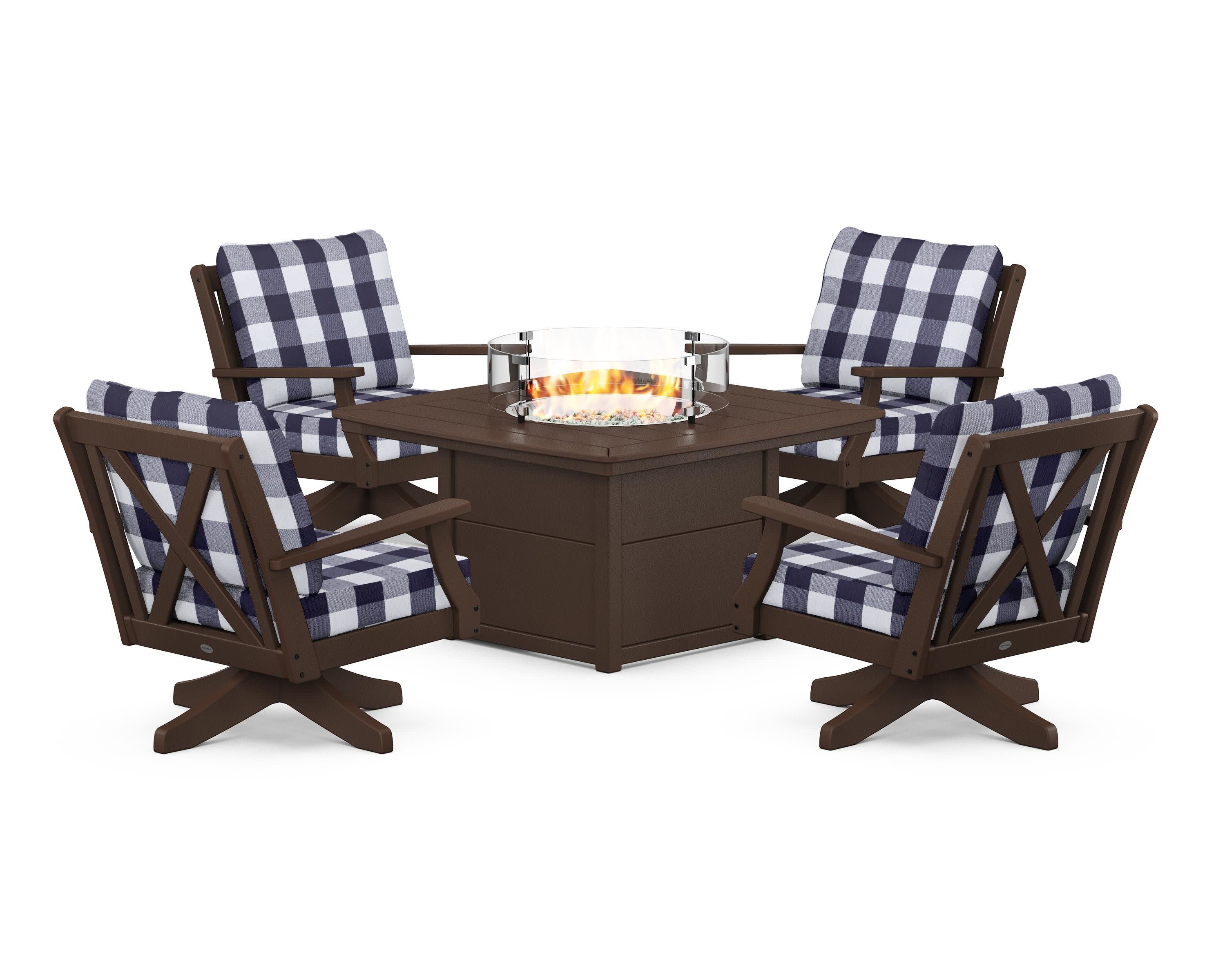 Braxton 5-Piece Deep Seating Swivel Conversation Set with Fire Pit Table in Mahogany / Buffalo Plaid Navy