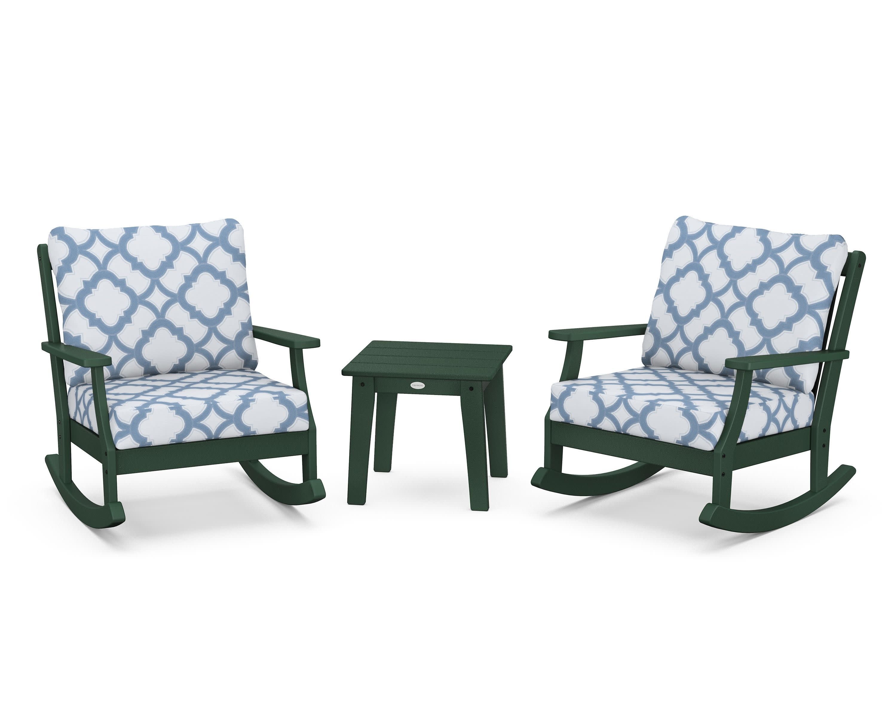 Braxton 3-Piece Deep Seating Rocker Set in Green / Trellis Sky Blue