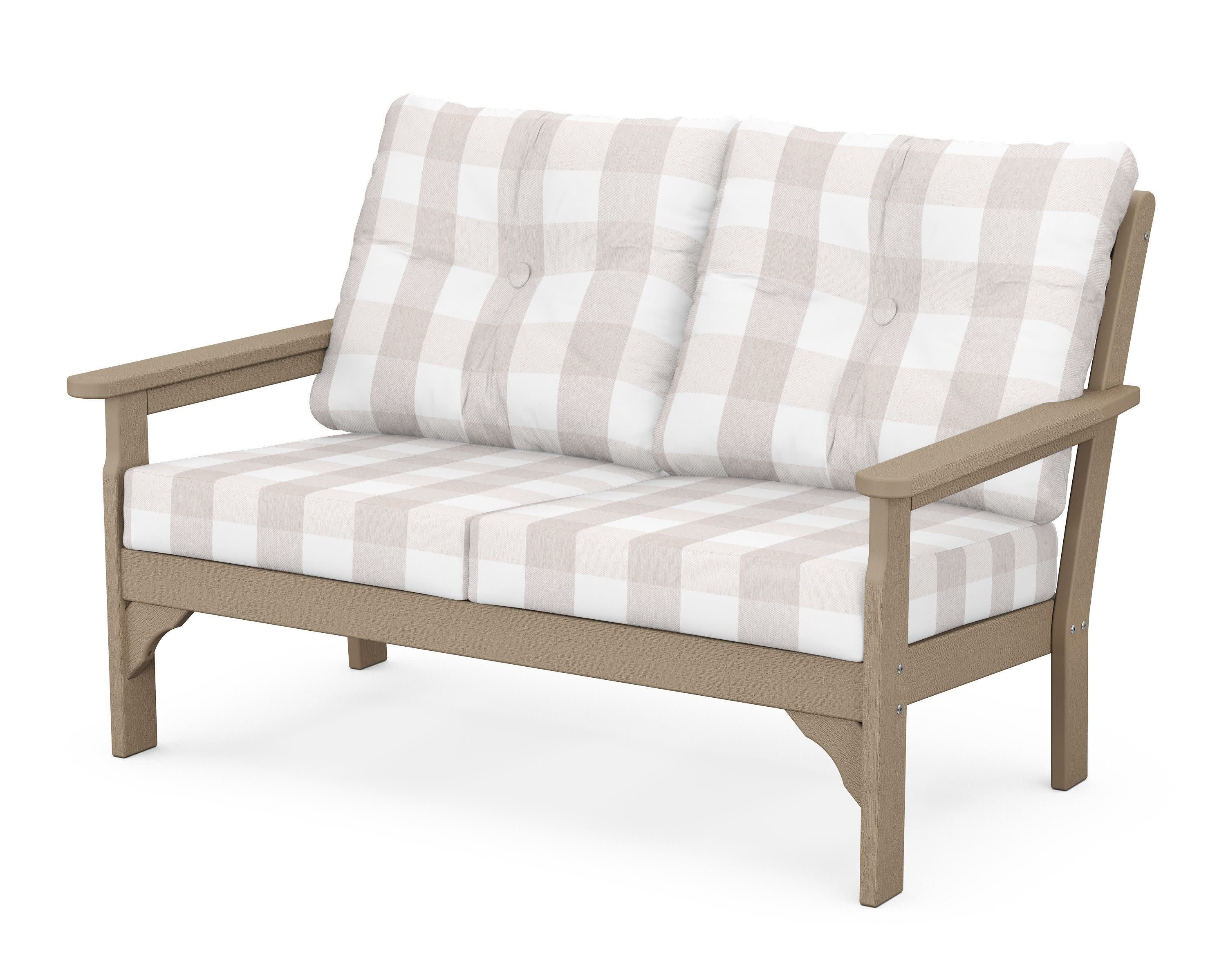 Vineyard Deep Seating Loveseat in Vintage Sahara / Buffalo Plaid Dune Burlap