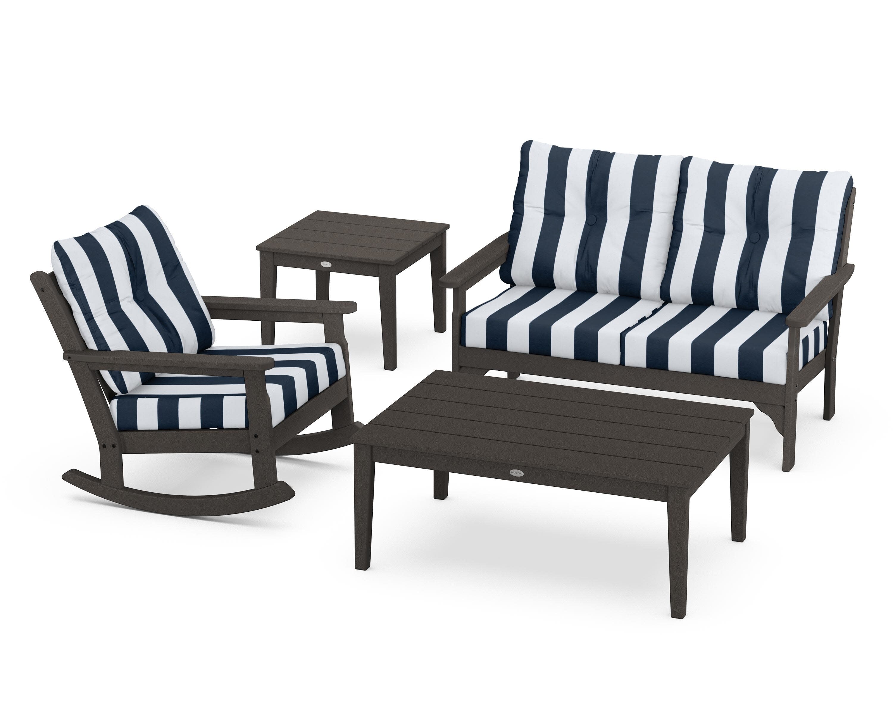 Vineyard 4-Piece Deep Seating Rocker Set in Vintage Coffee / Cabana Stripe Marine Indigo