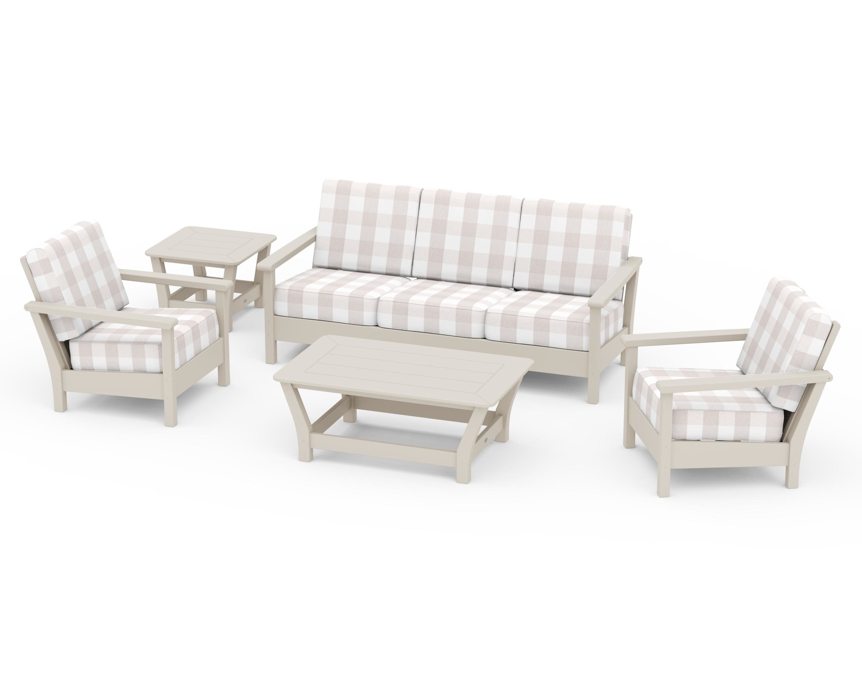Harbour 5-Piece Deep Seating Set in Sand / Buffalo Plaid Dune Burlap