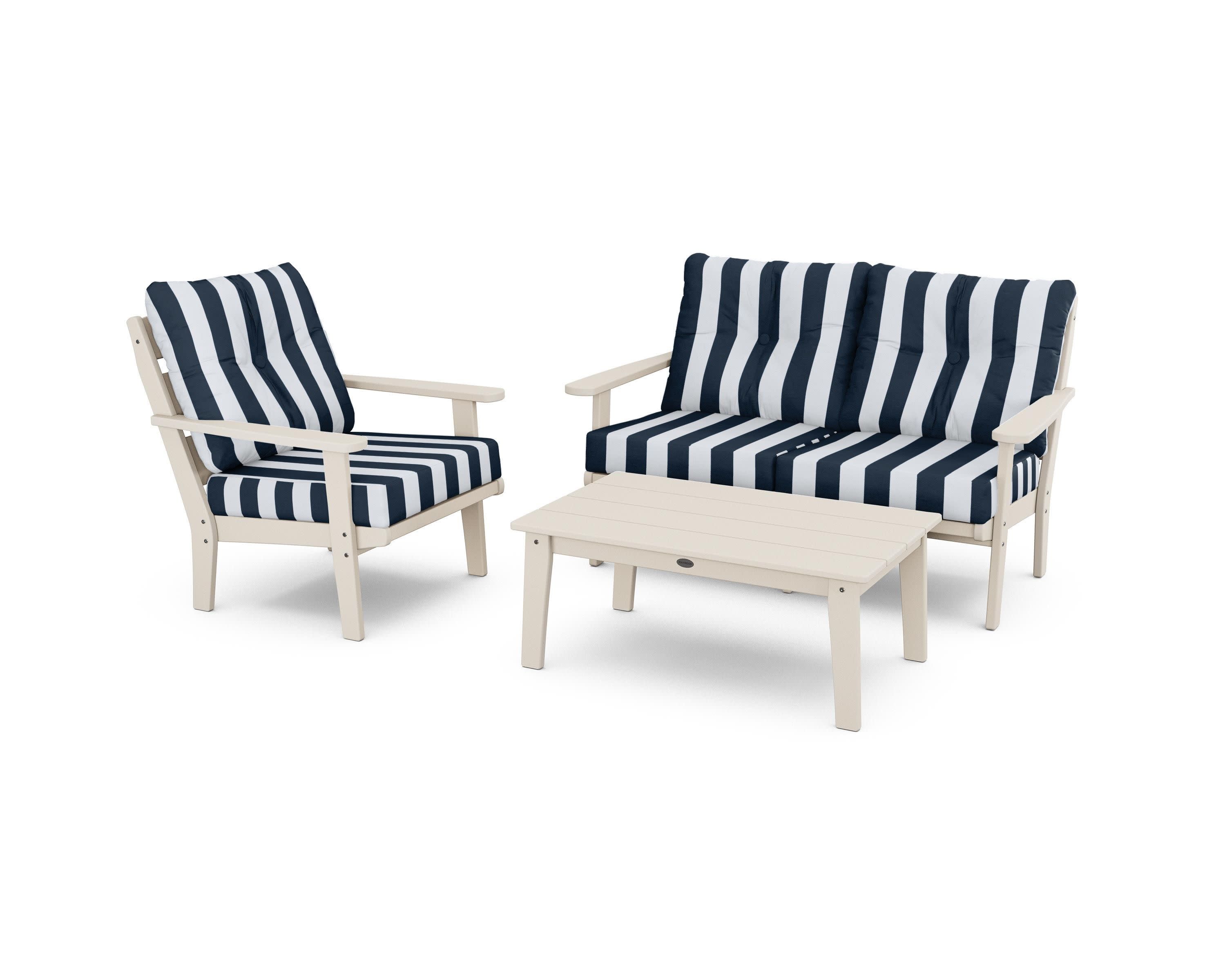 Lakeside 3-Piece Deep Seating Set in Sand / Cabana Stripe Marine Indigo