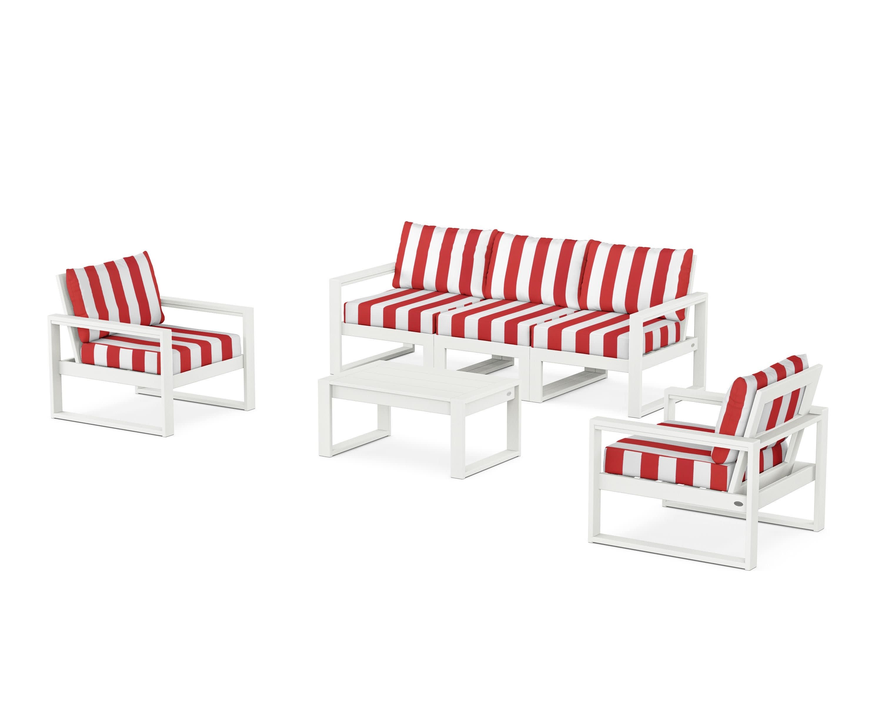EDGE Sectional 4-Piece Deep Seating Set with Sofa in Vintage White / Cabana Stripe Crimson