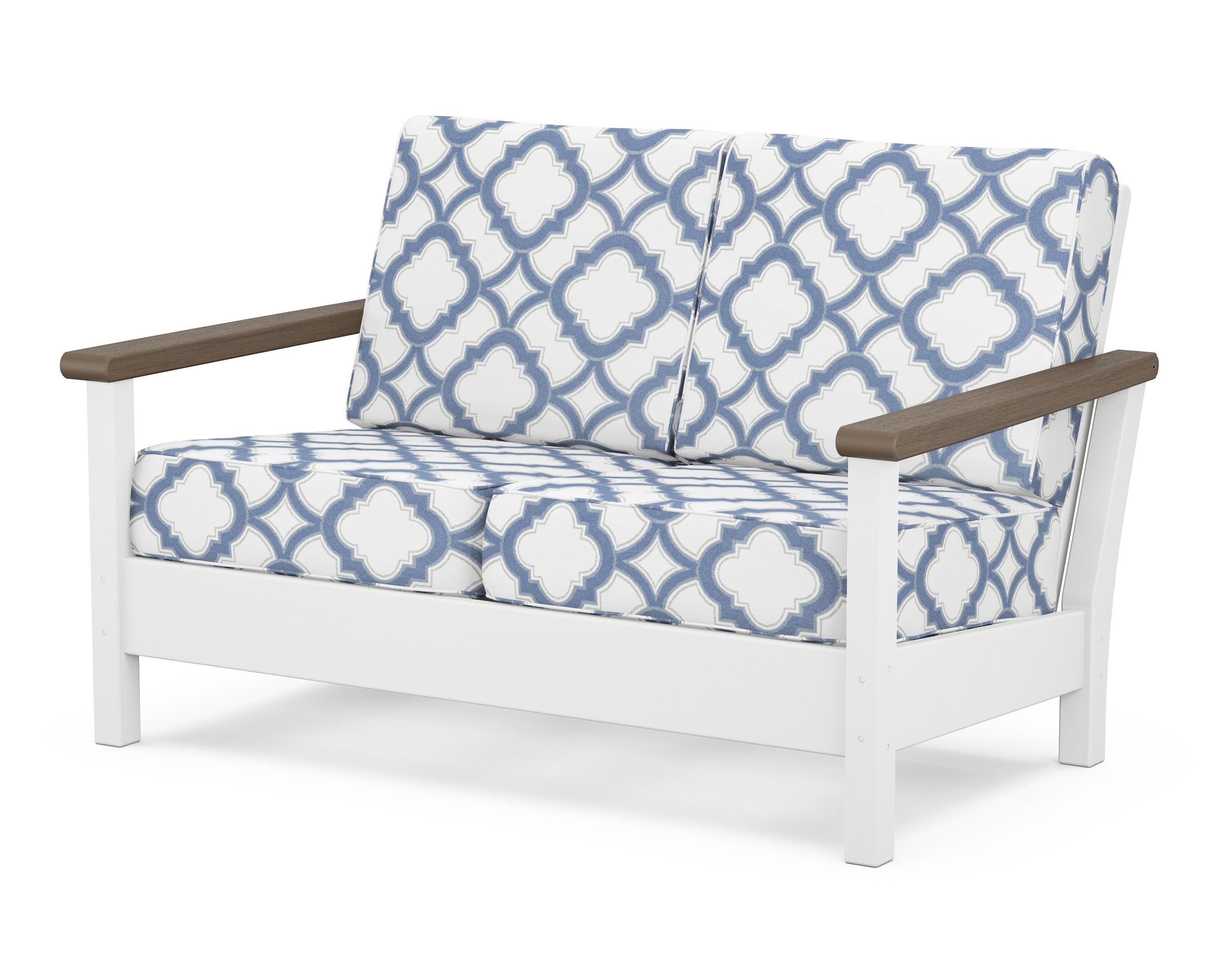 Harbour Deep Seating Loveseat in White / Kona / Trellis Sky Blue