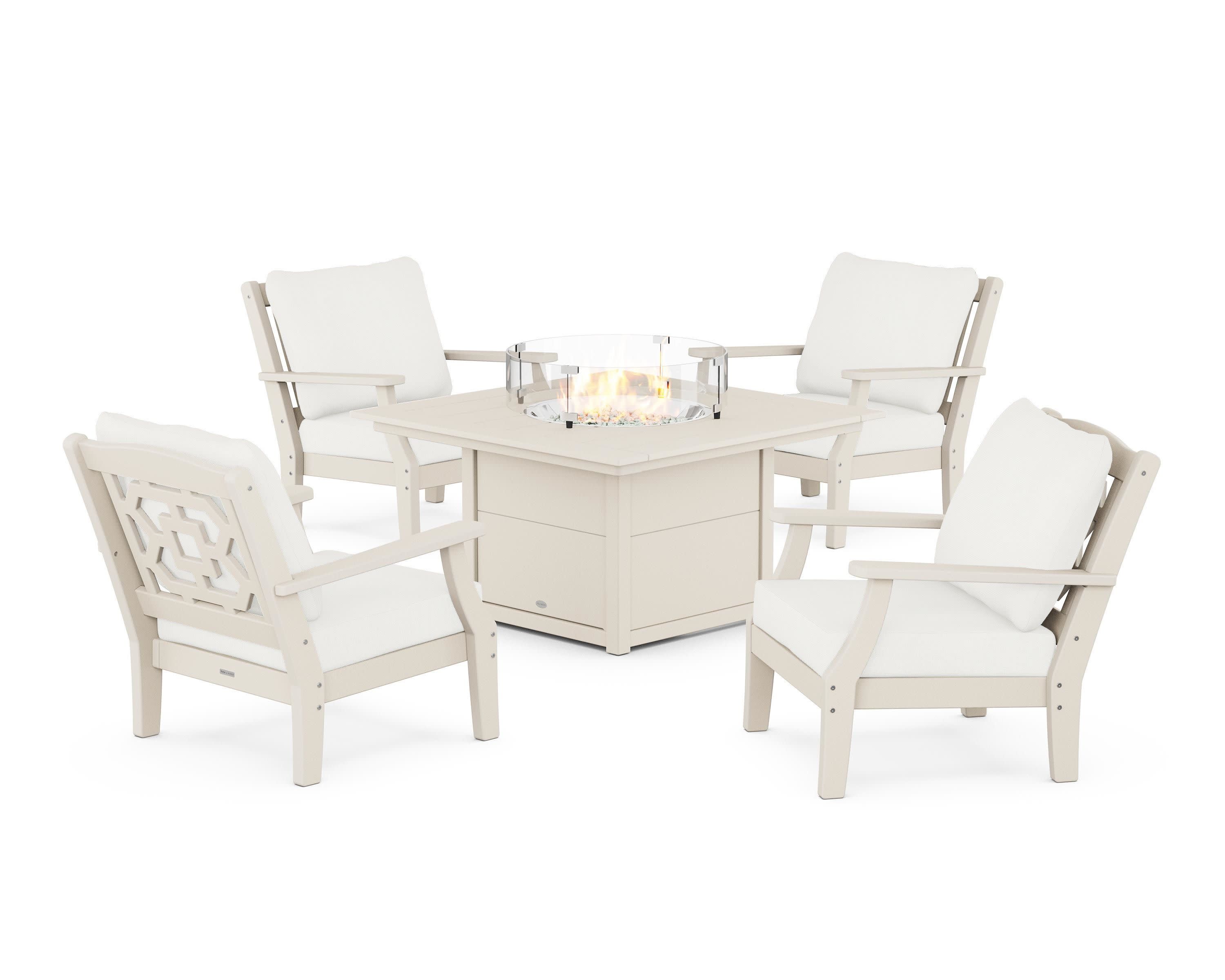 Chinoiserie 5-Piece Deep Seating Set with Fire Pit Table in Sand / Natural Linen