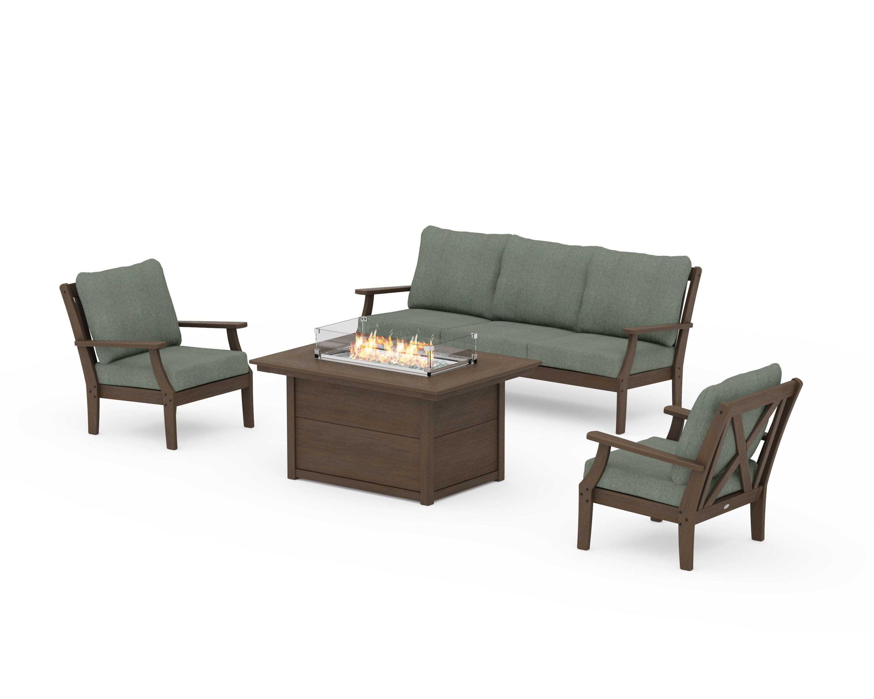 Braxton Deep Seating Fire Pit Table Set in Kona / Cast Sage