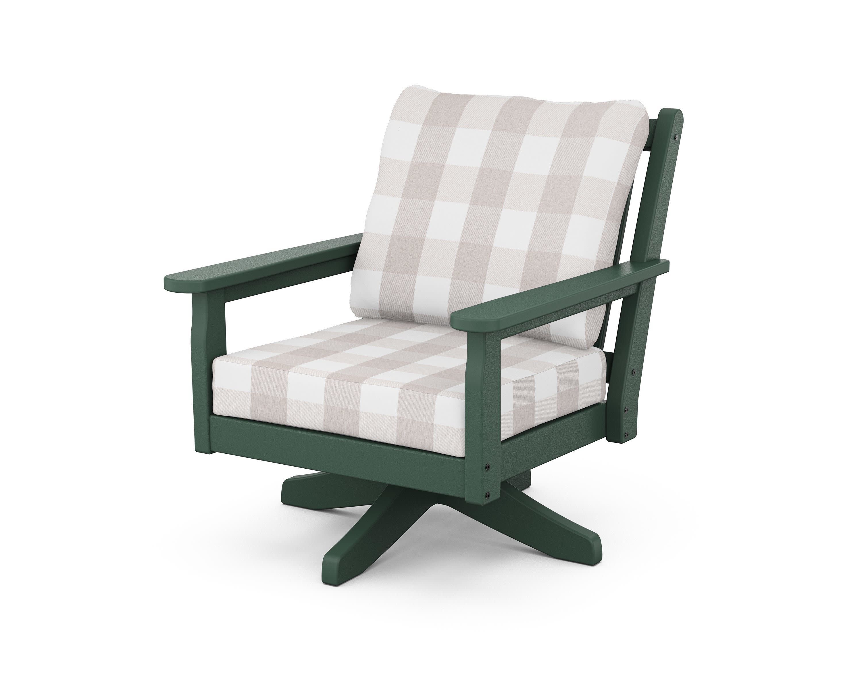 Chippendale Deep Seating Swivel Chair in Green / Buffalo Plaid Dune Burlap