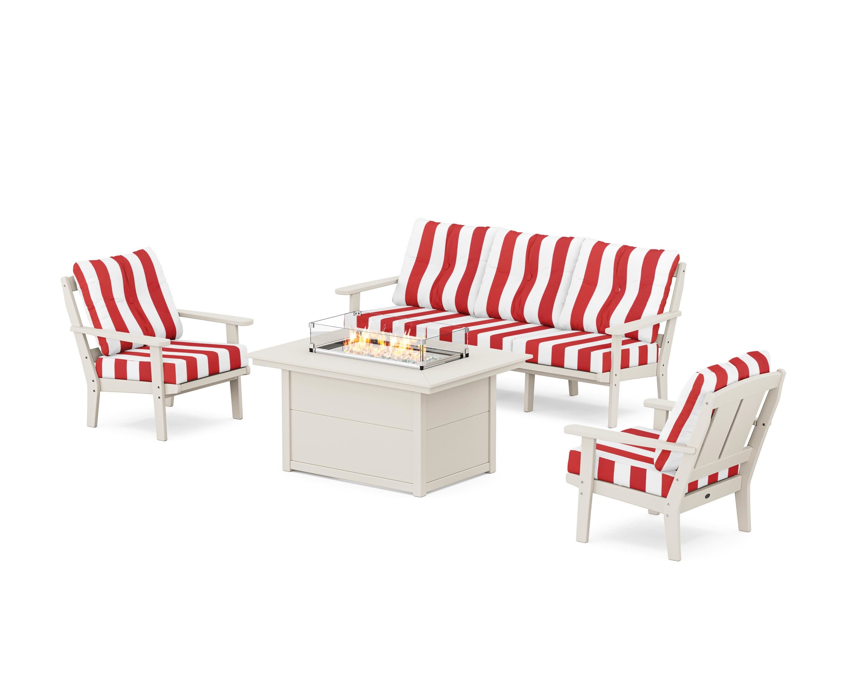 Mission Deep Seating Fire Pit Table Set in Sand / Cabana Stripe Crimson