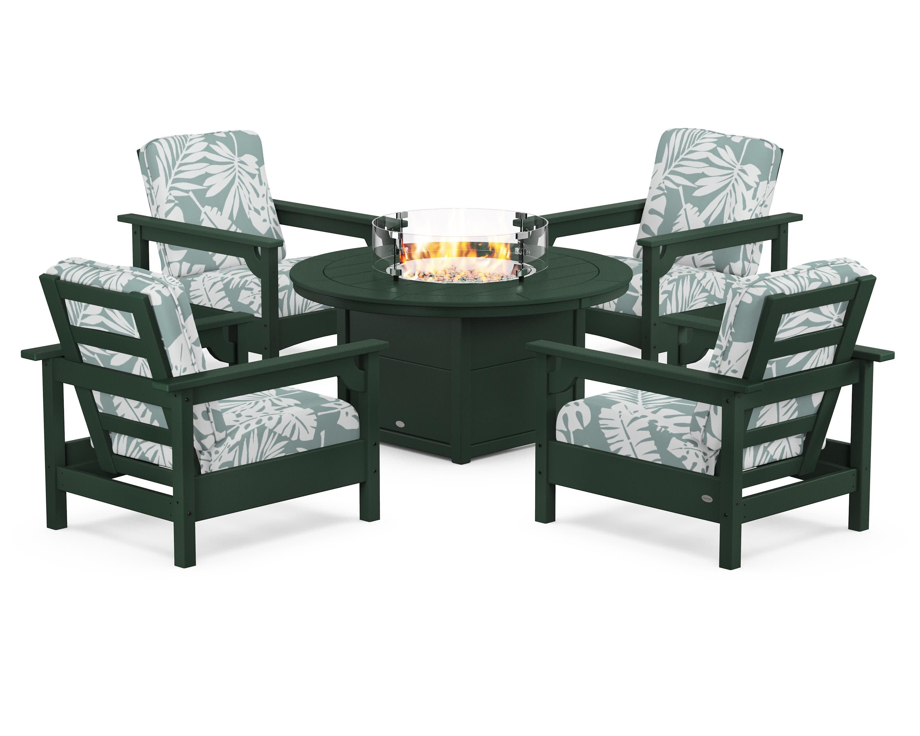 Club 5-Piece Conversation Set with Fire Pit Table in Green / Leaf Glacier Spa