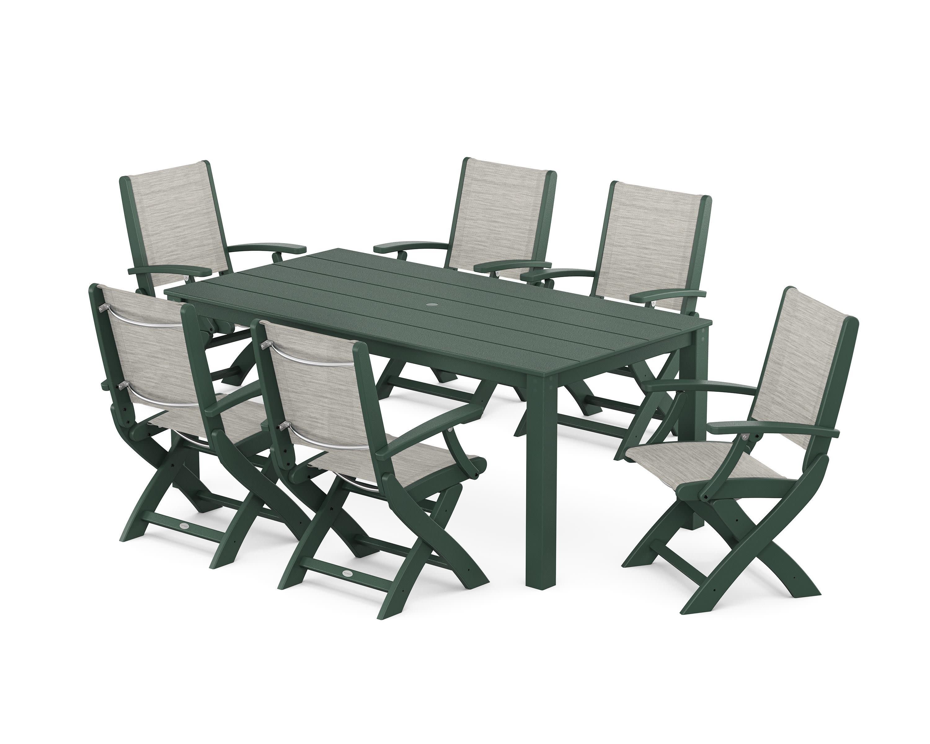 Coastal Folding Chair 7-Piece Parsons Dining Set in Green / Birch Sling