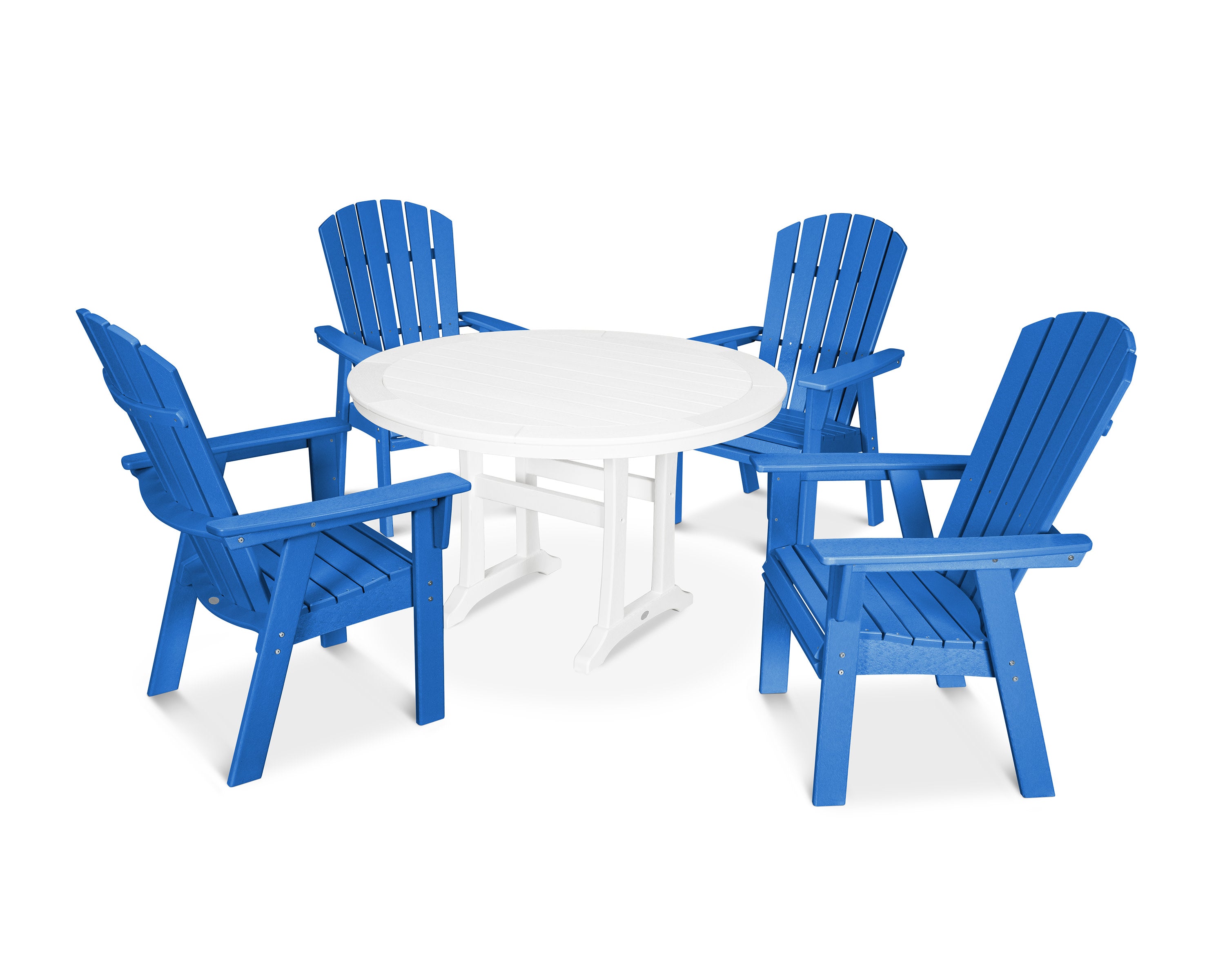 Nautical Curveback Adirondack 5-Piece Round Dining Set with Trestle Legs in Pacific Blue / White