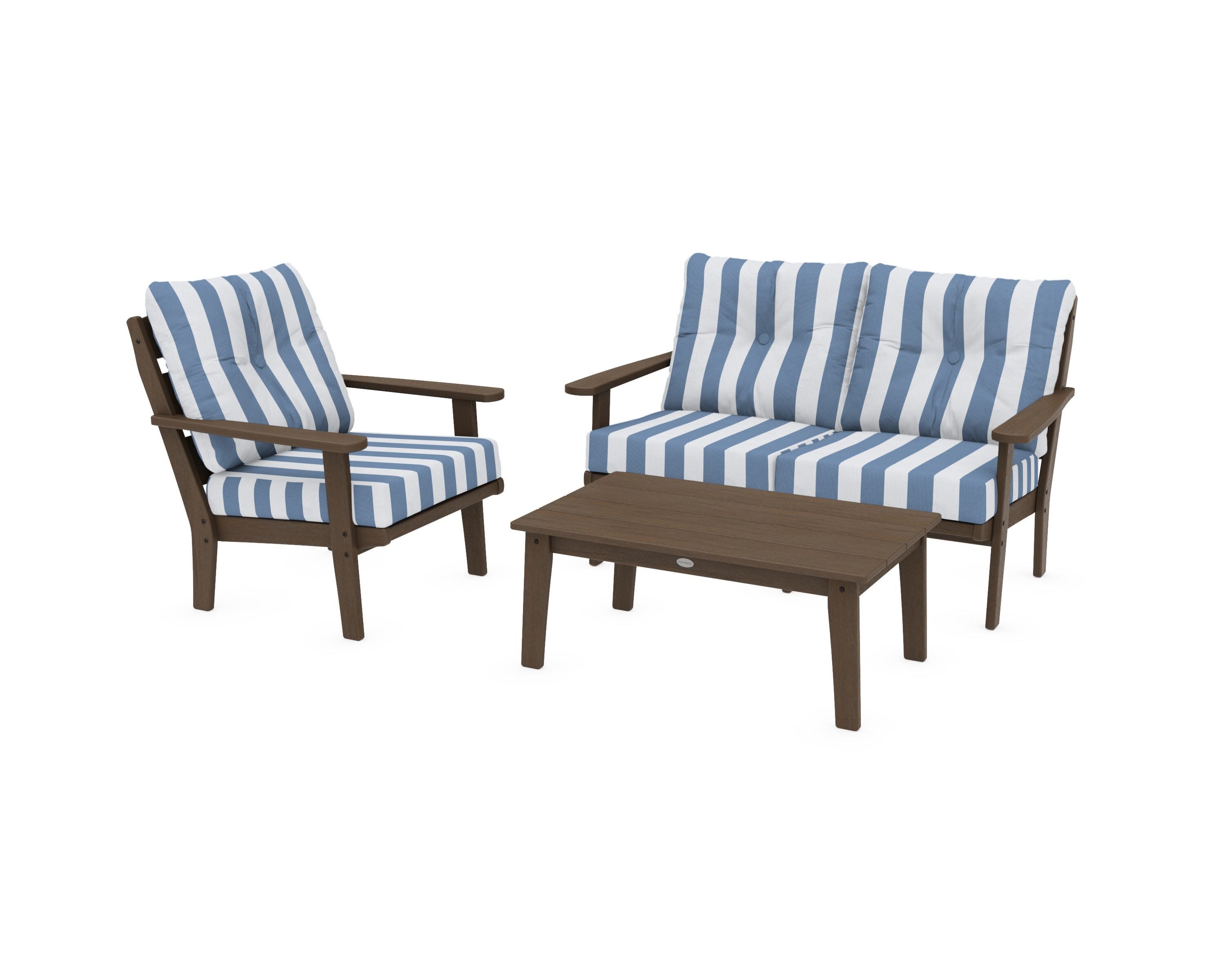 Lakeside 3-Piece Deep Seating Set in Kona / Cabana Stripe Sky Blue