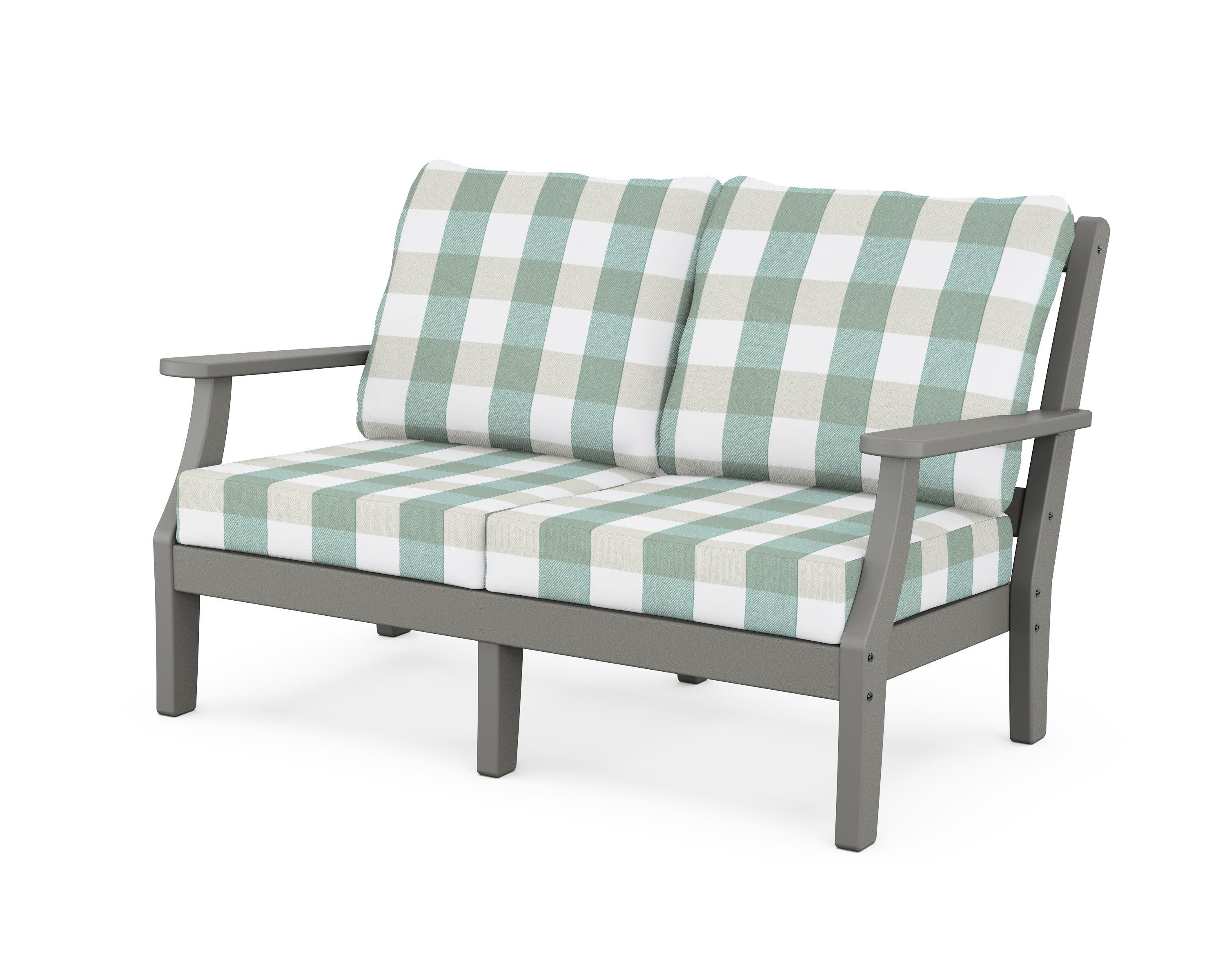 Chinoiserie Deep Seating Loveseat in Slate Grey / Buffalo Plaid Glacier Spa