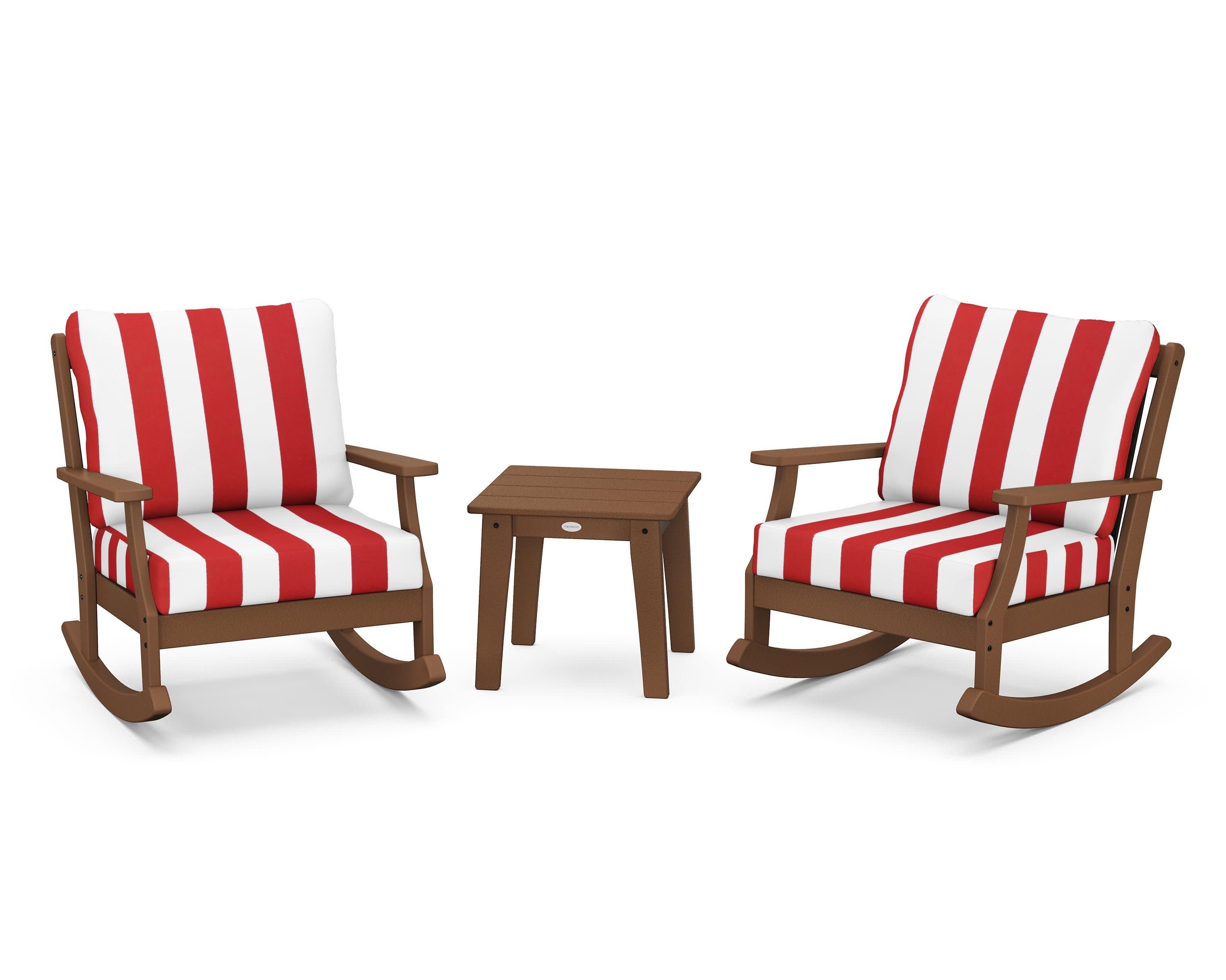 Braxton 3-Piece Deep Seating Rocker Set in Teak / Cabana Stripe Crimson