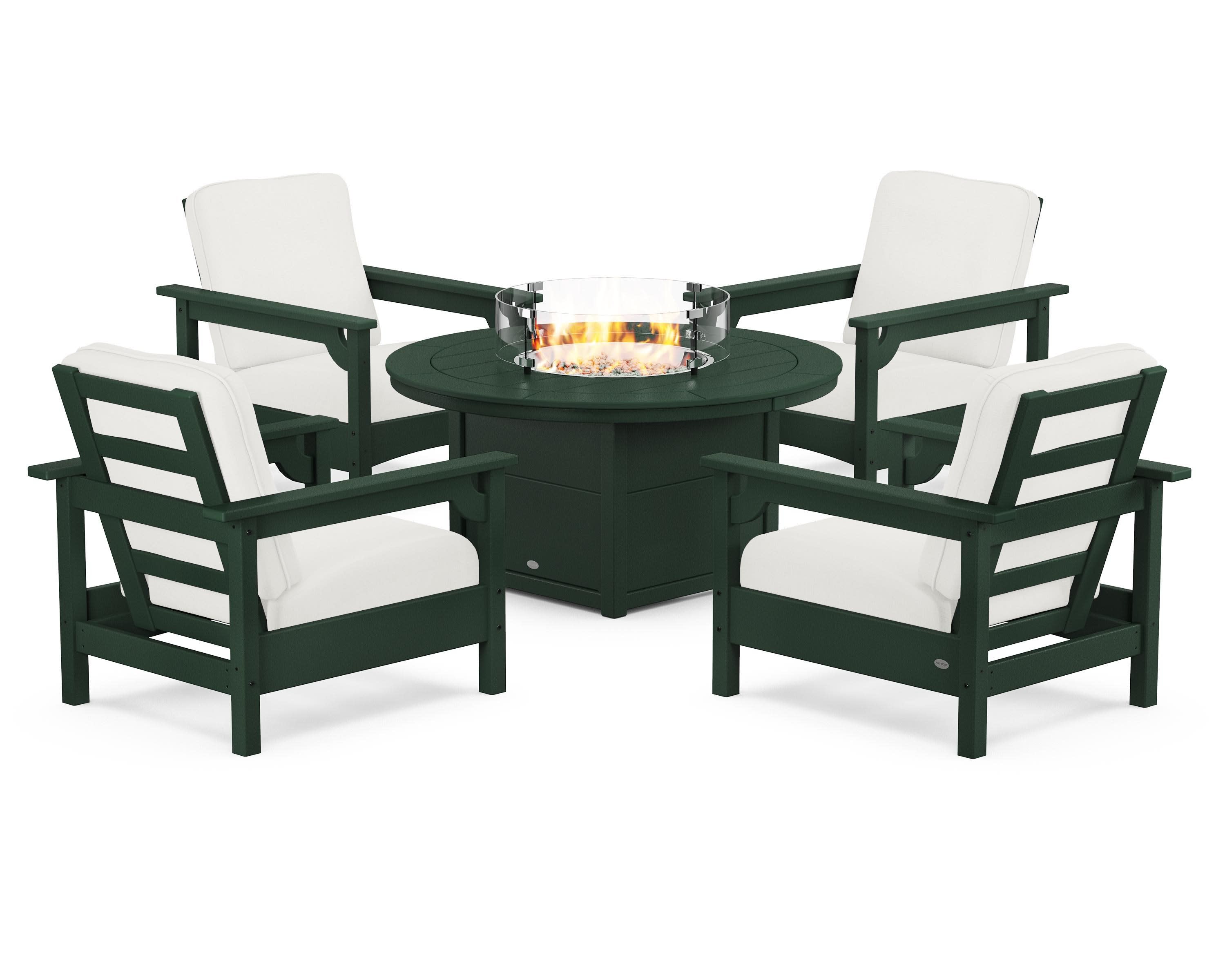 Club 5-Piece Conversation Set with Fire Pit Table in Green / Natural Linen