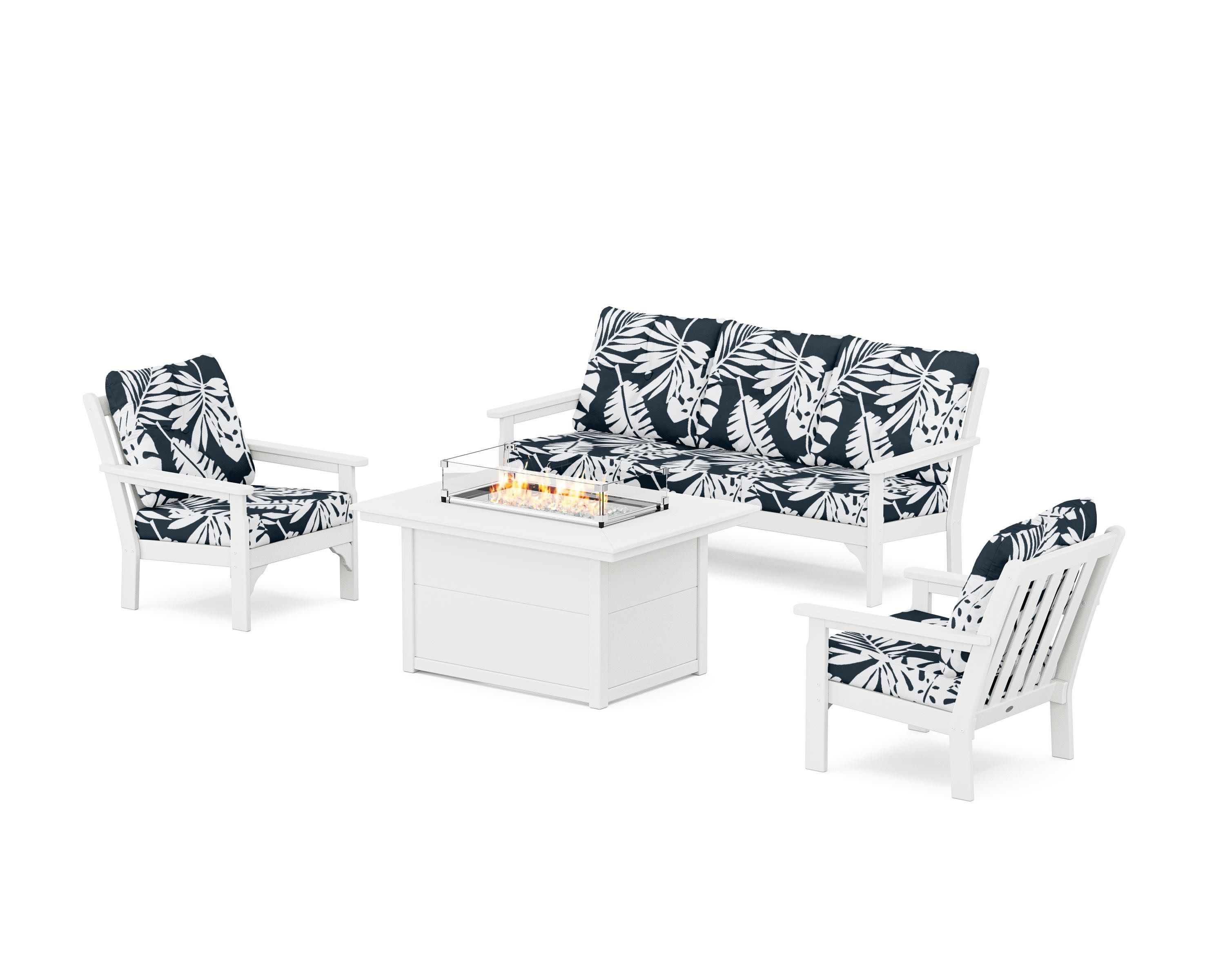 Vineyard Deep Seating Fire Pit Table Set in White / Leaf Marine Indigo