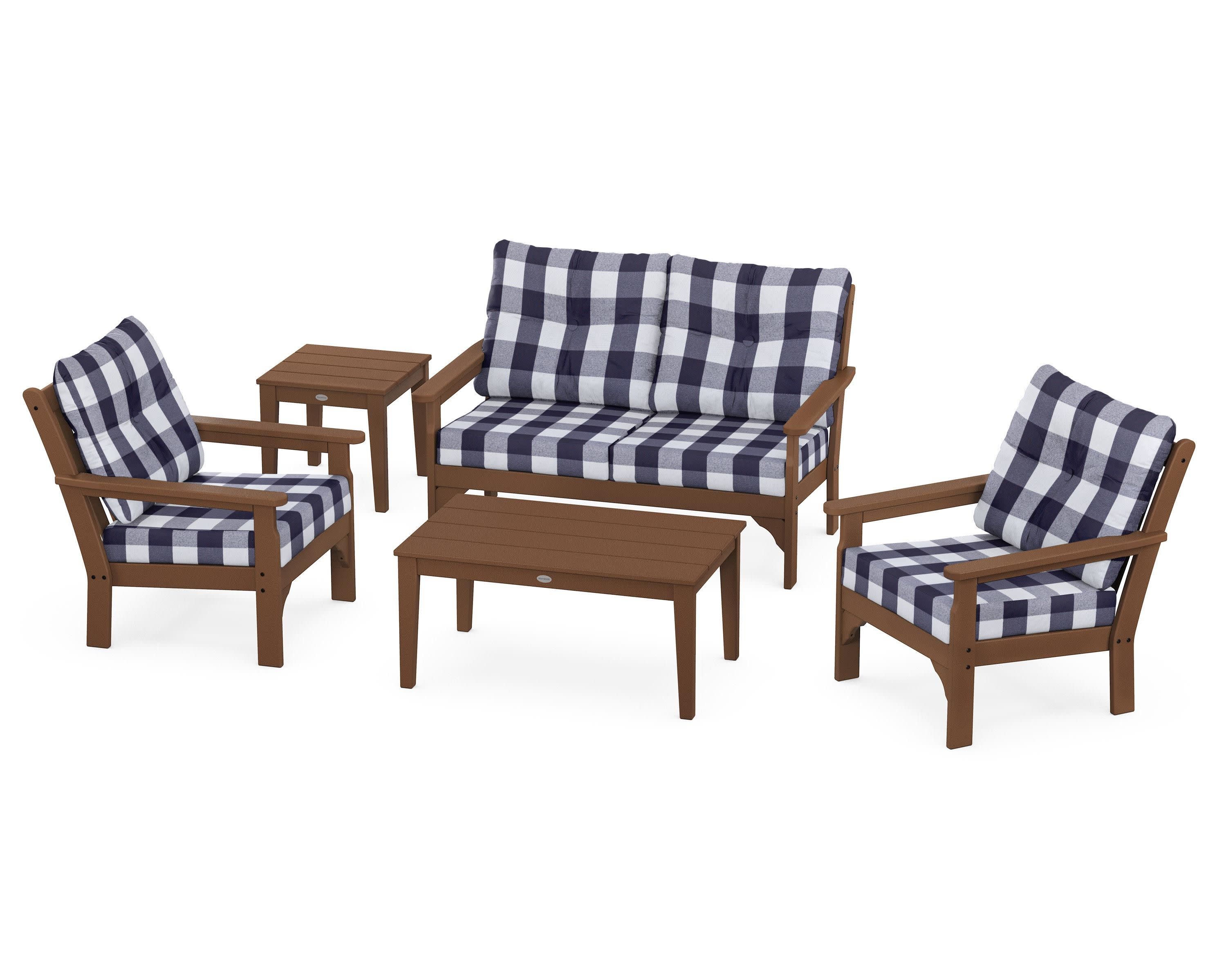 Vineyard 5-Piece Deep Seating Set in Teak / Buffalo Plaid Navy