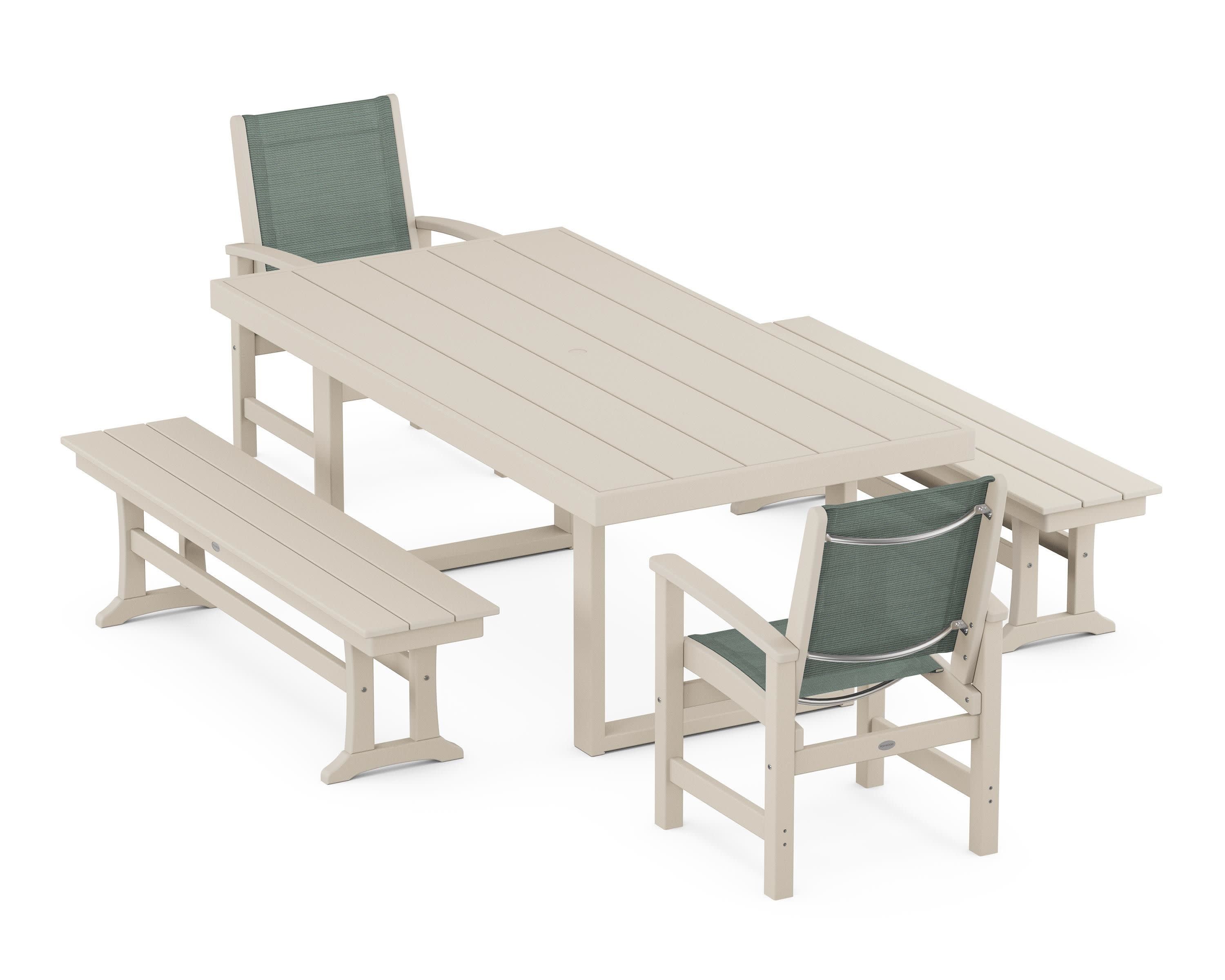 Coastal 5-Piece Dining Set with Trestle Legs in Sand / Dupioni Sea Mist Sling