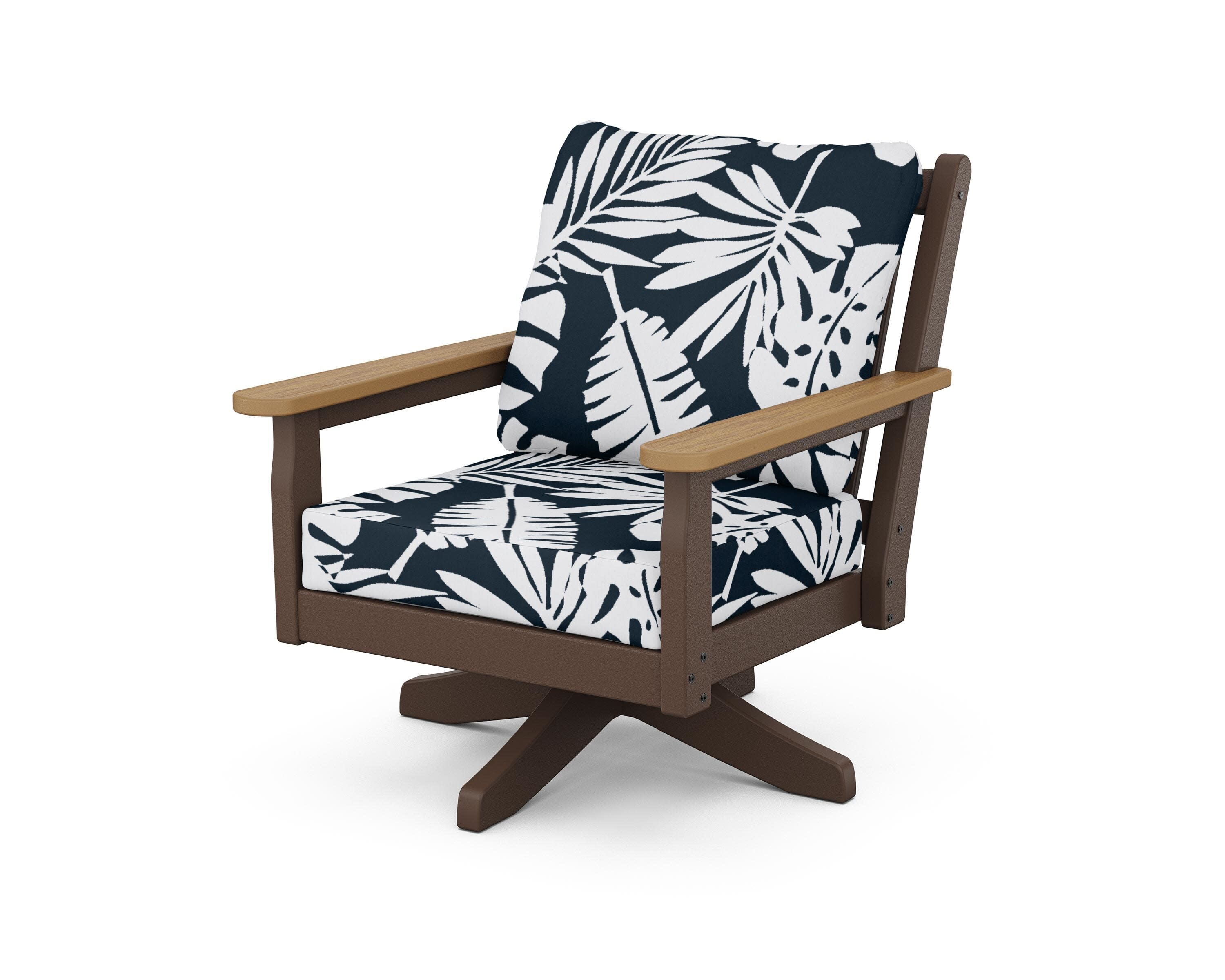 Chippendale Deep Seating Swivel Chair in Mahogany / Natural / Leaf Marine Indigo