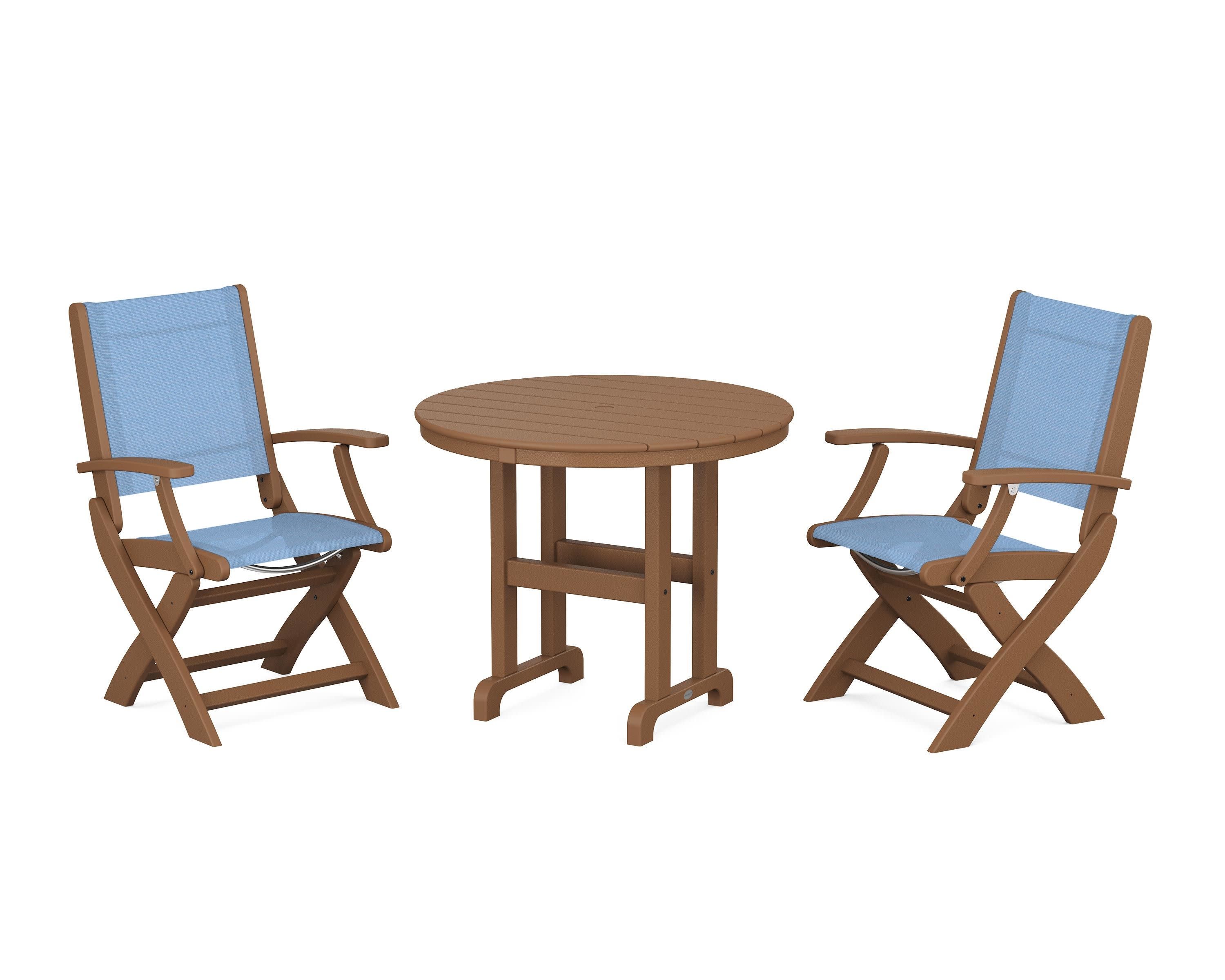 Coastal Folding Chair 3-Piece Round Dining Set in Teak / Poolside Sling