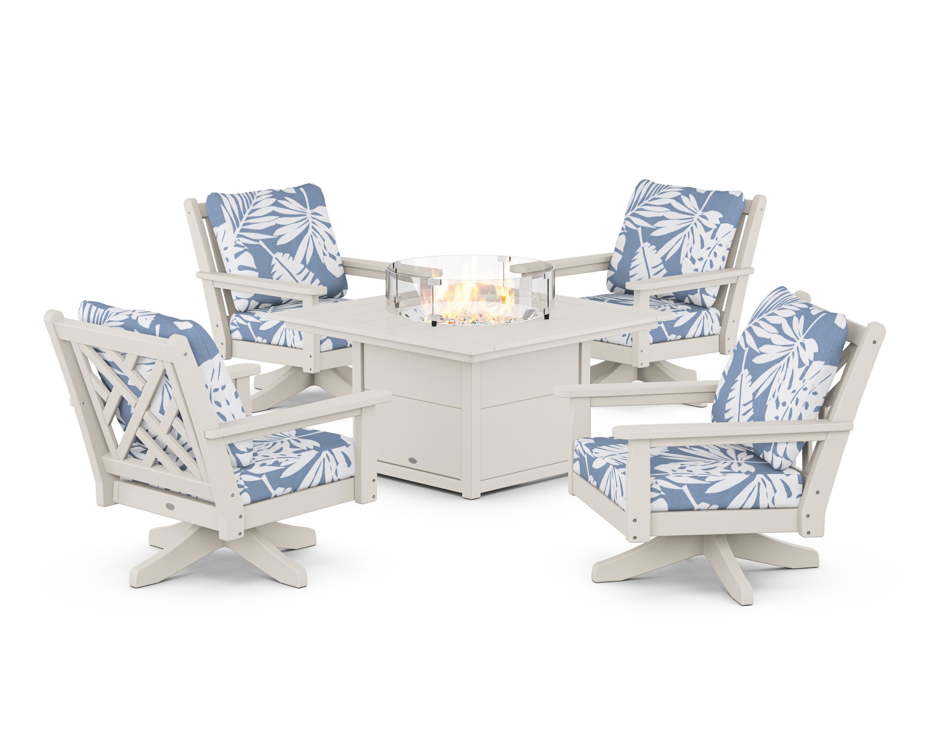 Chippendale 5-Piece Deep Seating Swivel Conversation Set with Fire Pit Table in Sand / Leaf Sky Blue